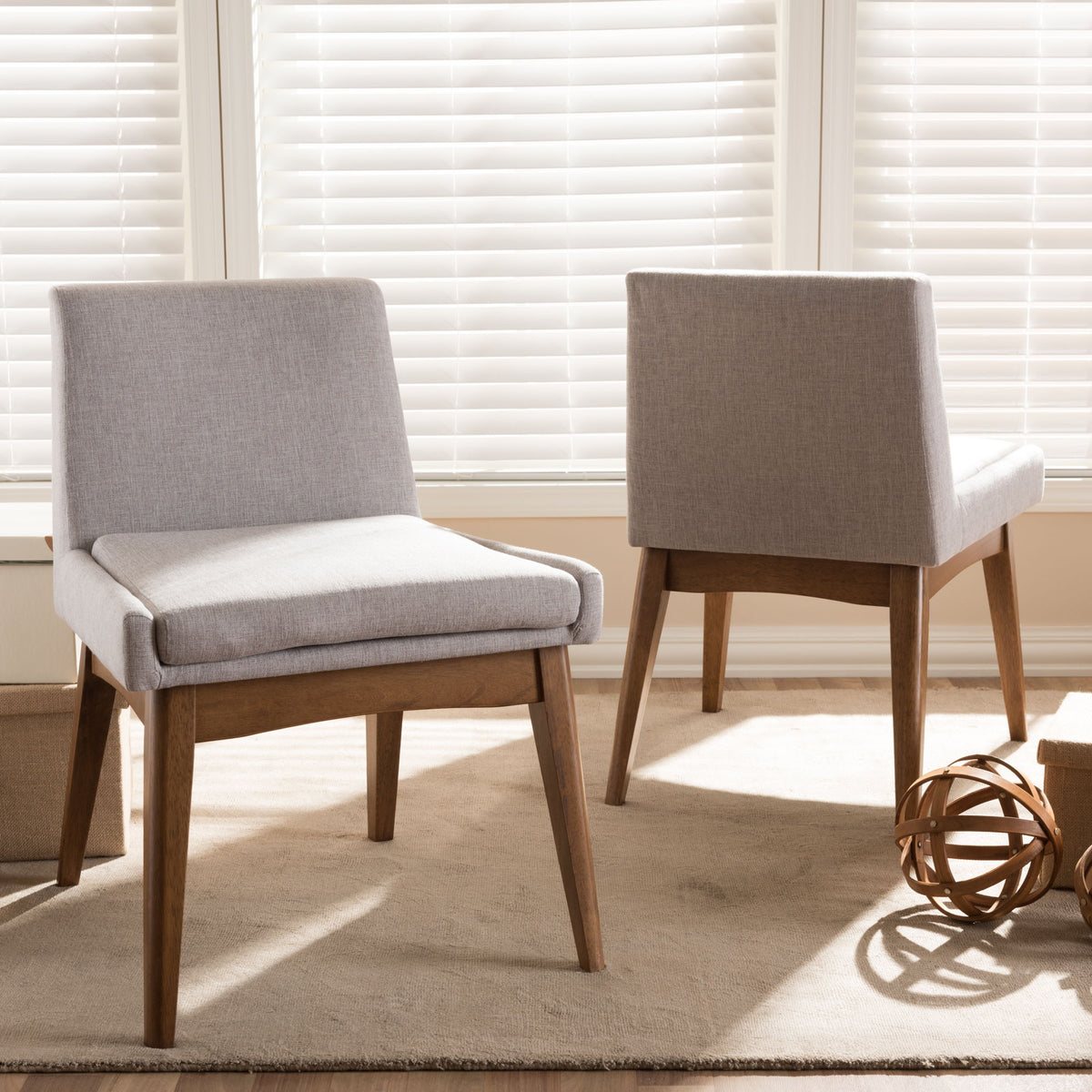 Nexus Mid-Century Modern Walnut Wood Finishing Greyish Beige Fabric Dining Side Chair (Set of 2)