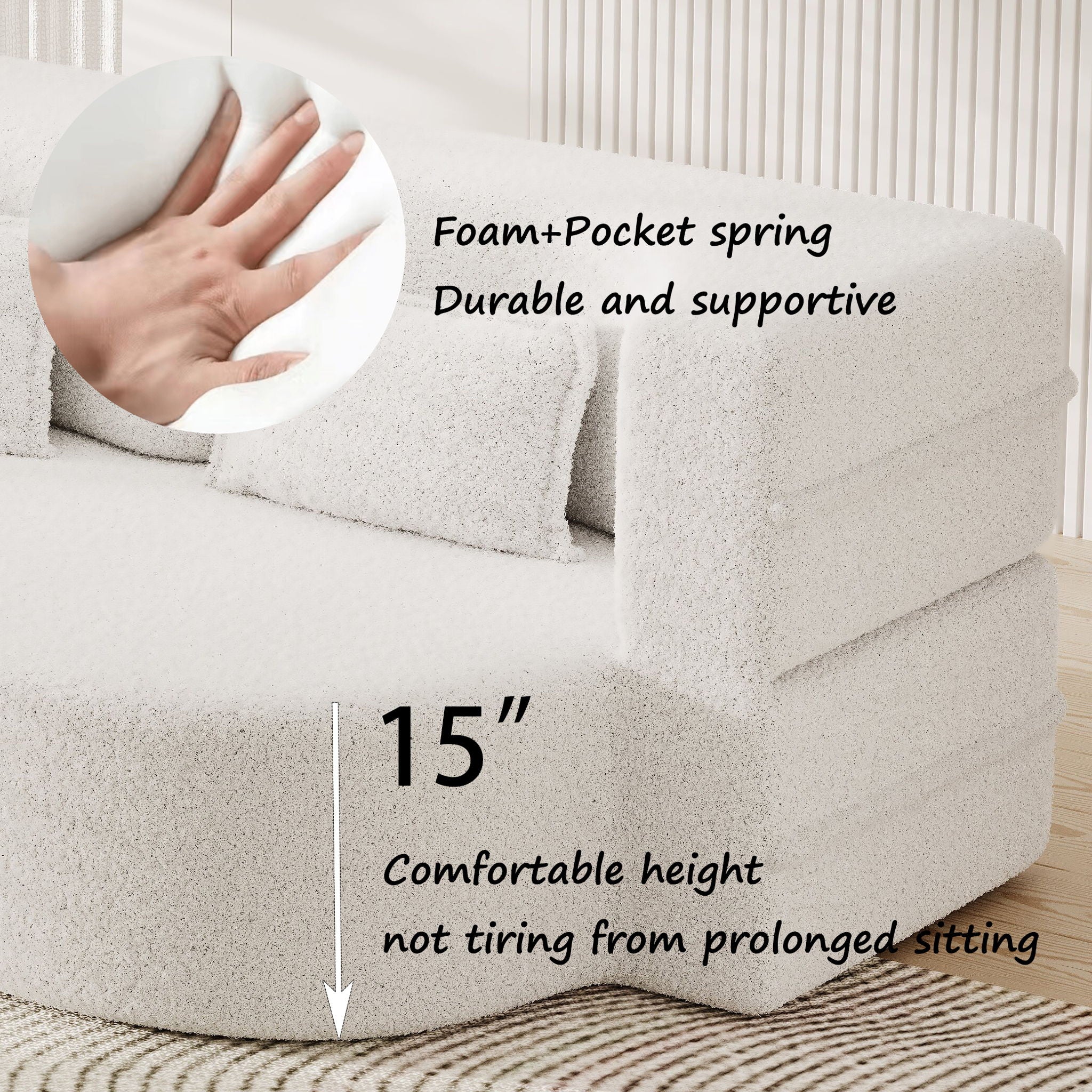 Modern Floor Sofa, With 2 Pillows, Convertible Teddy Fabric Foam Filled Bed