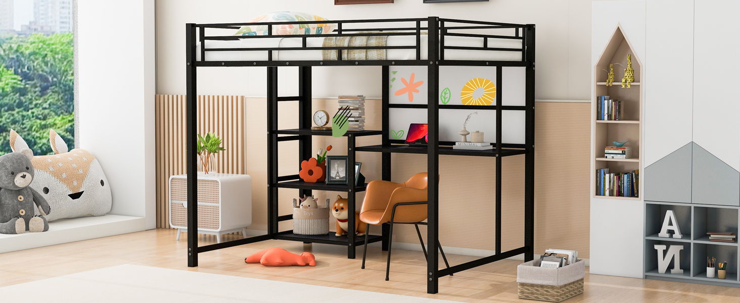 Metal Loft Bed With Desk, 3 Shelves And Ladder