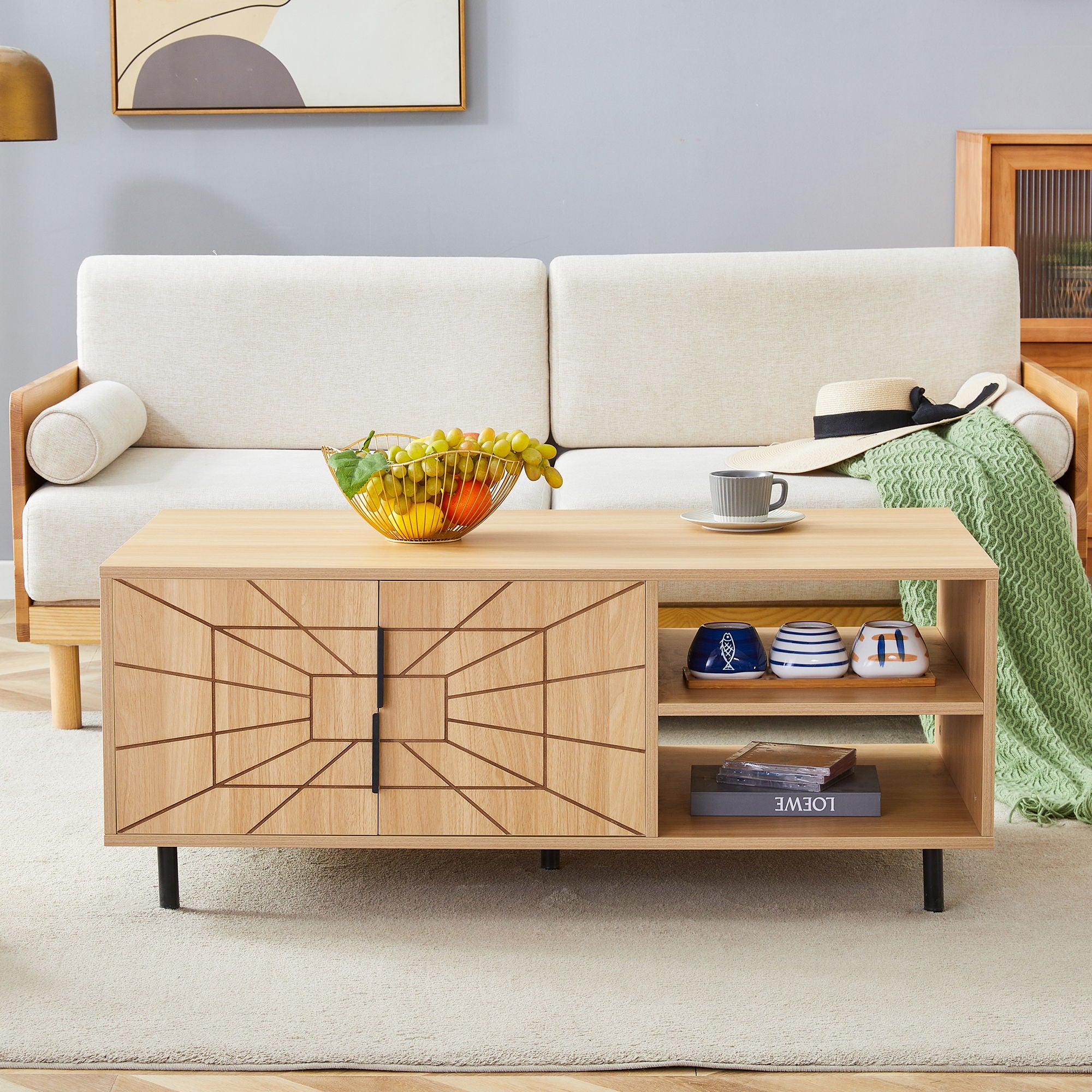 Spider- Web Textured Modern Coffee Table Geometric Art And Practical Design - Natural Wood