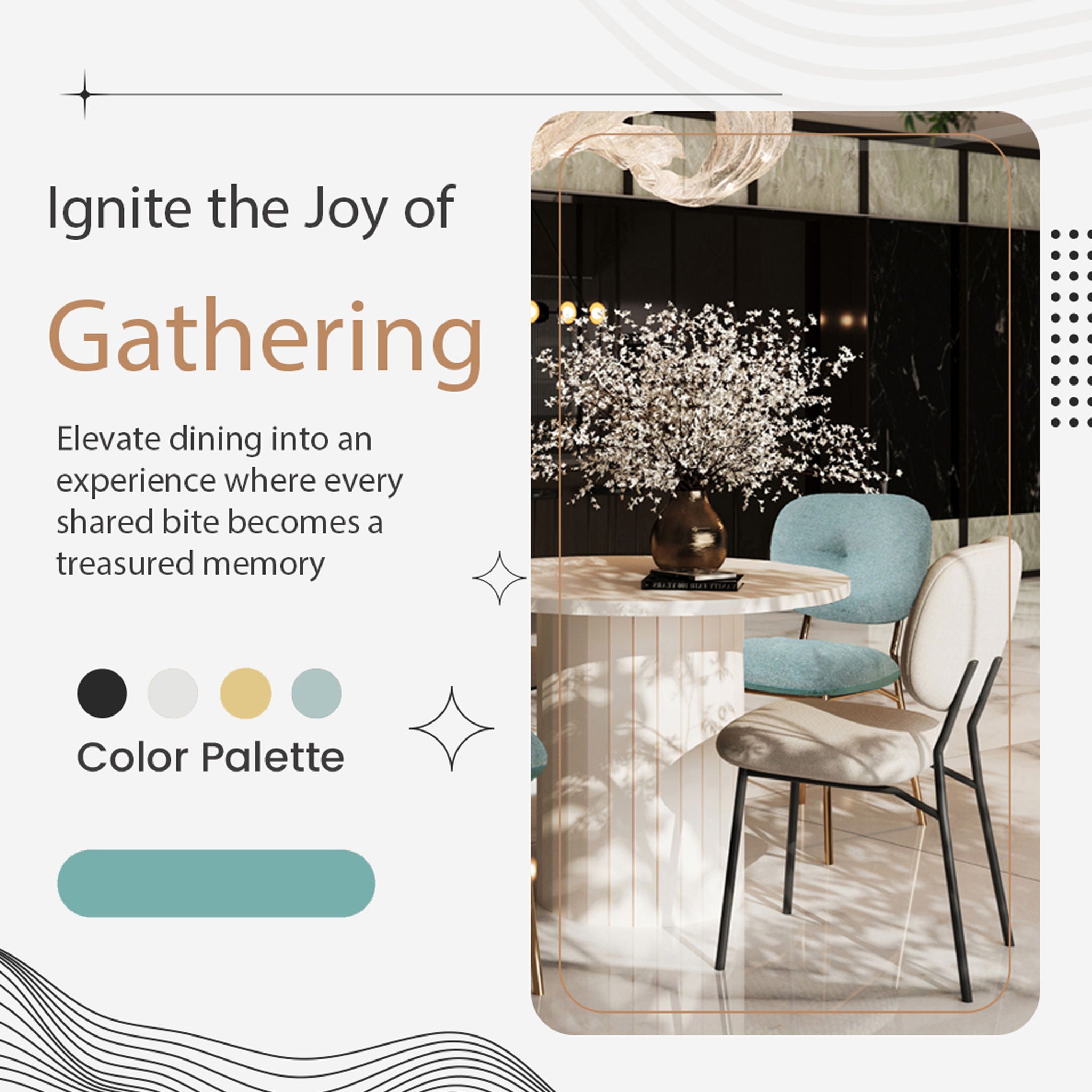 Modern 4 Person Dining Set With Bamboo & Table And Turquoise & Chairs Metal Legs, Space Saving Design - White