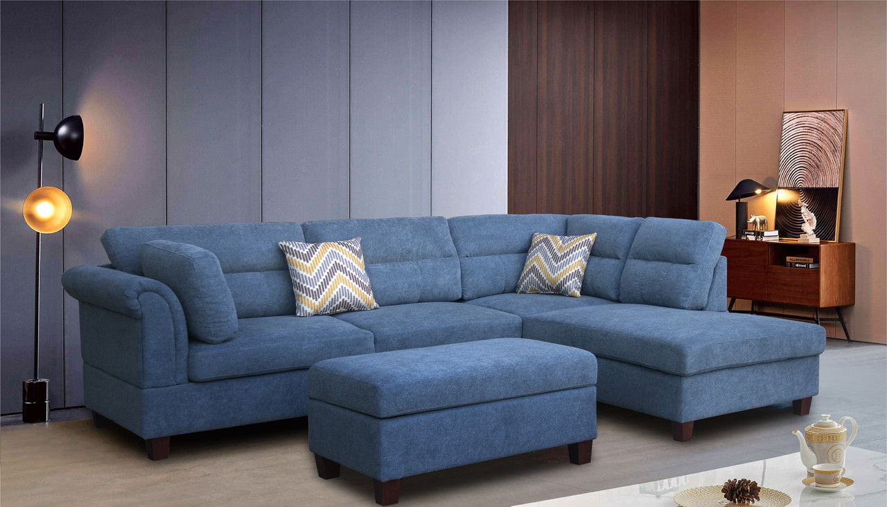 Diego 103.5"W Blue Fabric Sectional Sofa with Right Facing Chaise, Storage Ottoman, and 2 Accent Pillows