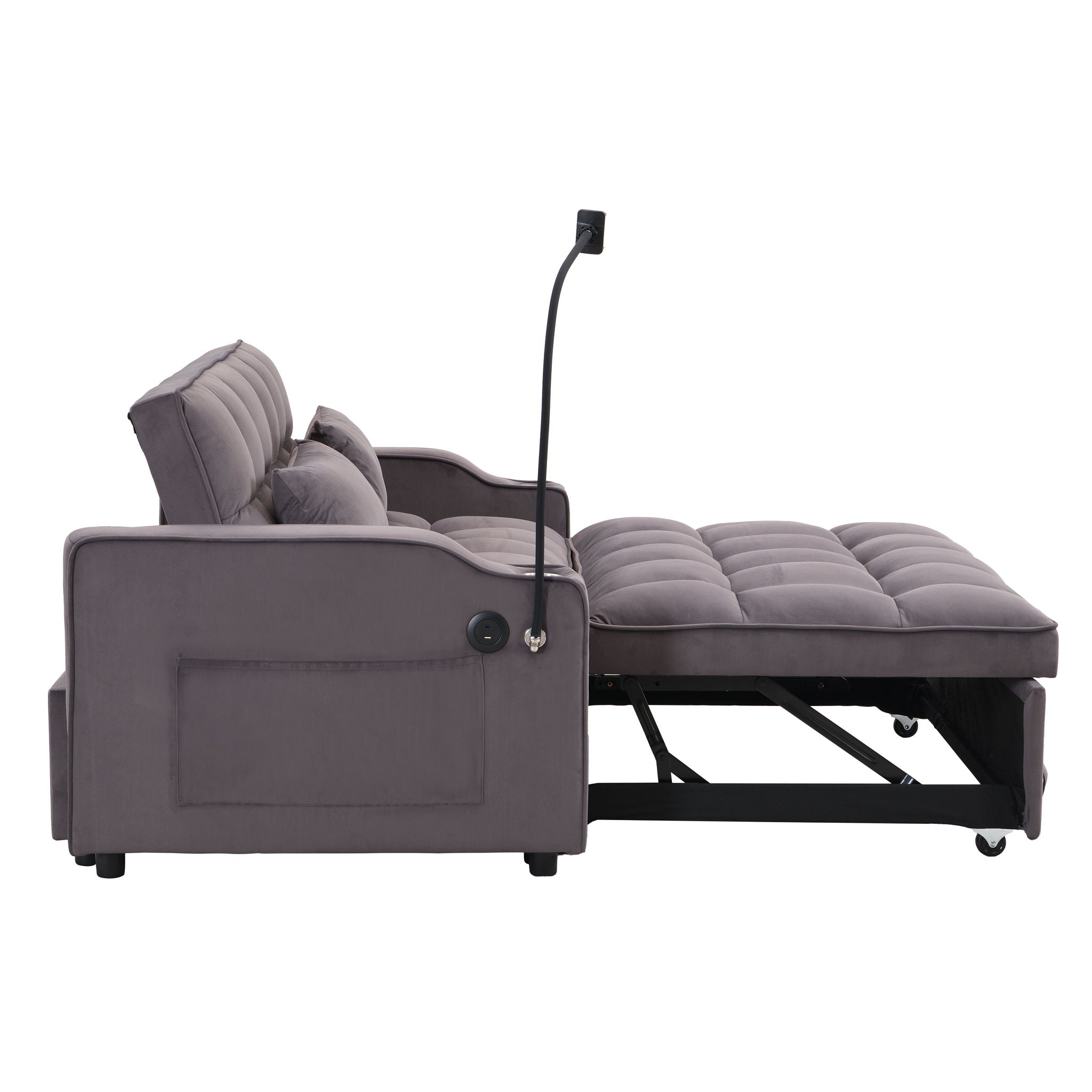 Modern Velvet Loveseat Futon Sofa With Pullout Bed, Adjustable Reclining Backrest, Toss Pillows