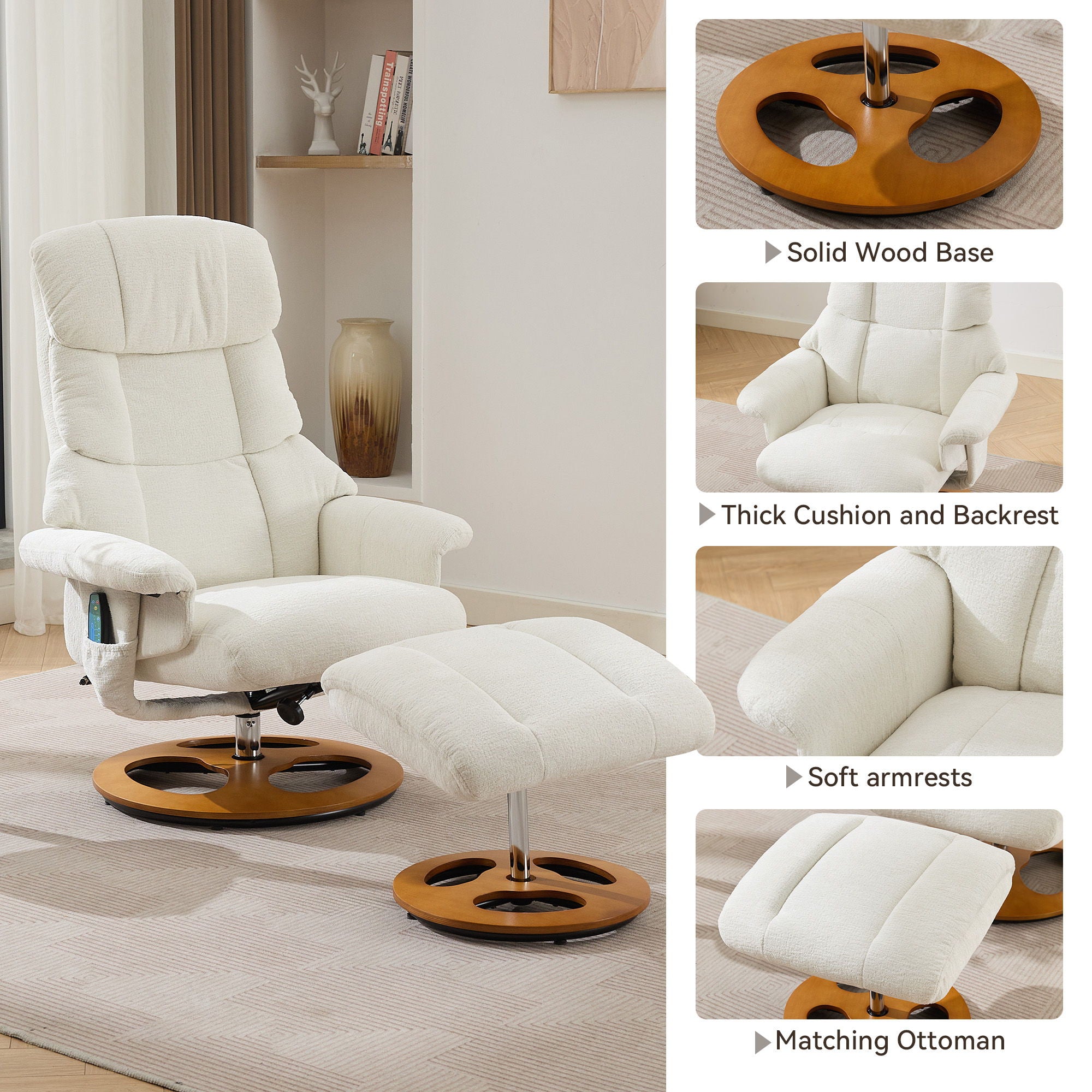 Ergonomic Recliner Chair With Ottoman, Modern 360° Swivel With Footstool