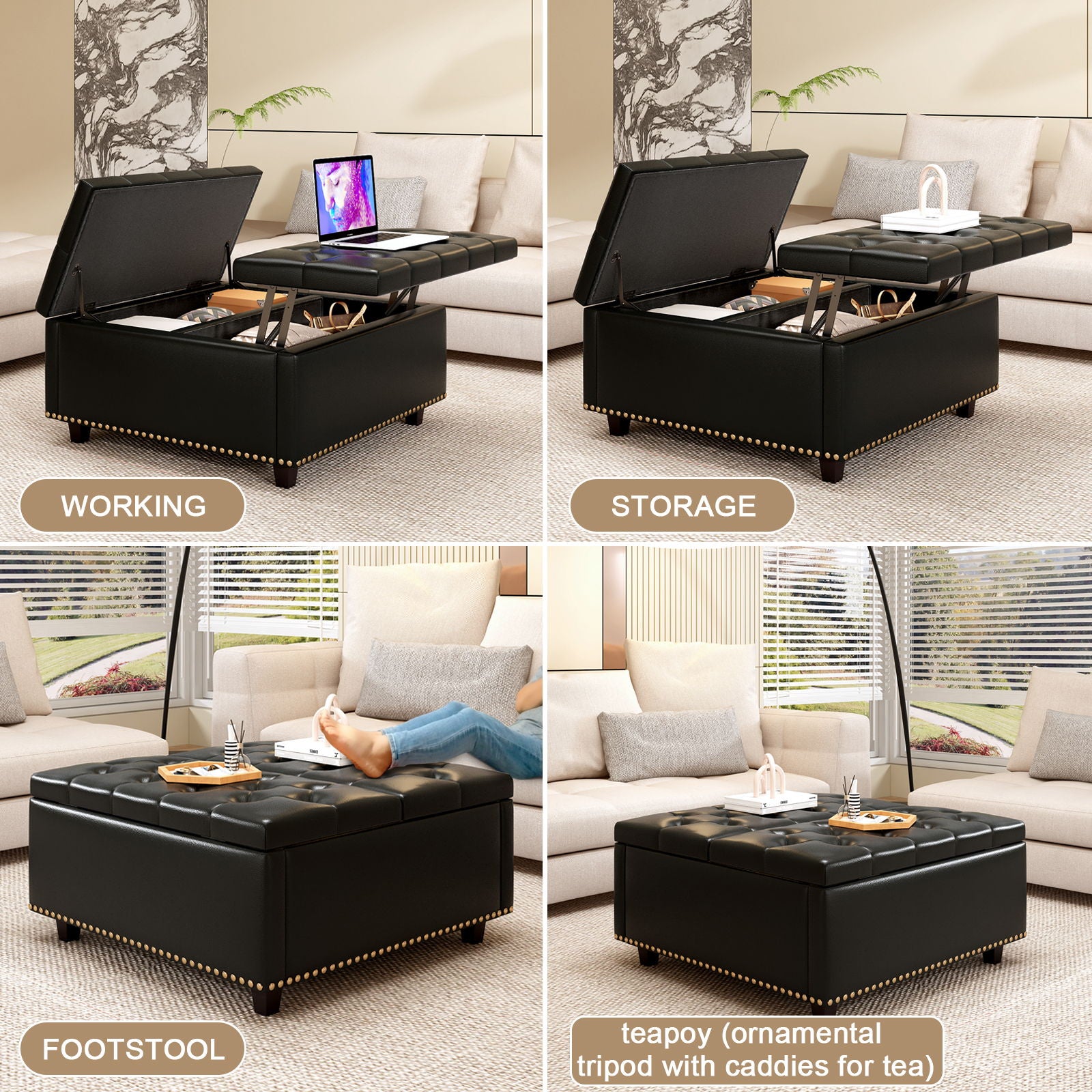 Large Square Storage Ottoman With 2 Storage Doors