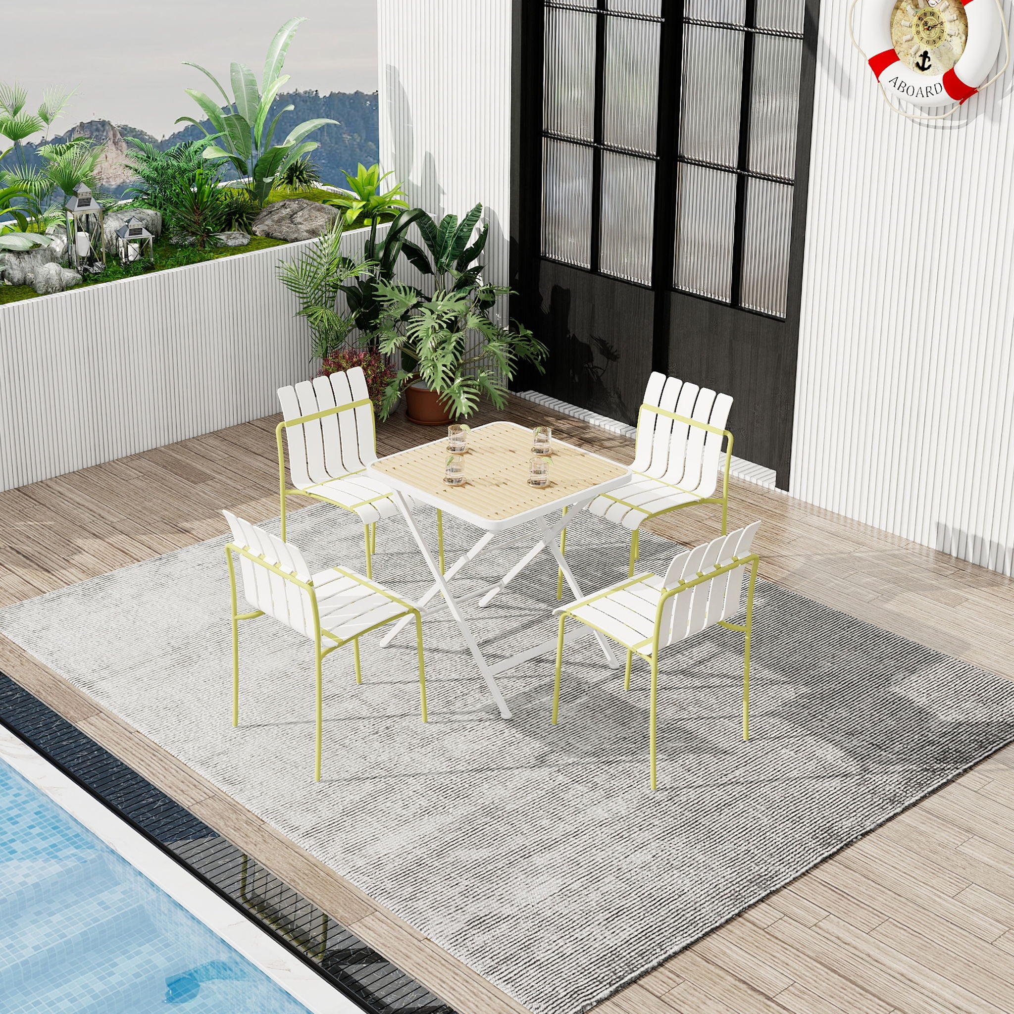 4 Piece Set Of Modern Color Block Designed Single Chairs With Folding Square Table