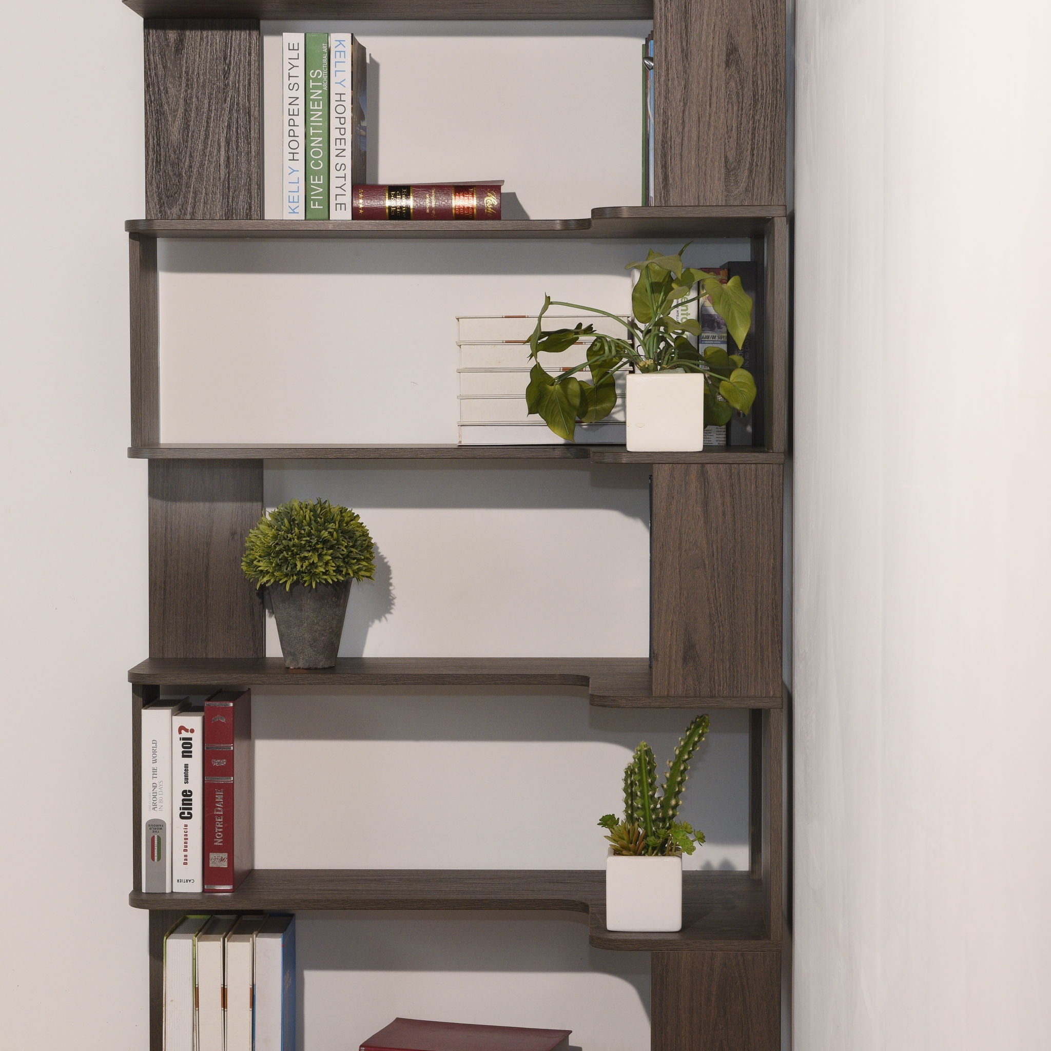 Freestanding Corner Bookshelf For Living Room - Dark Brown