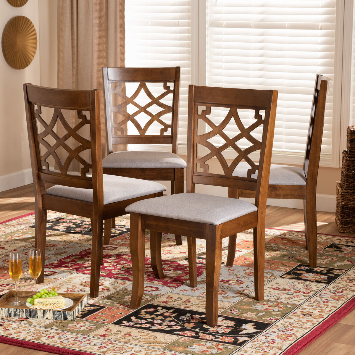 Mael Modern and Contemporary Grey Fabric Upholstered Walnut Brown Finished Wood 4-Piece Dining Chair Set