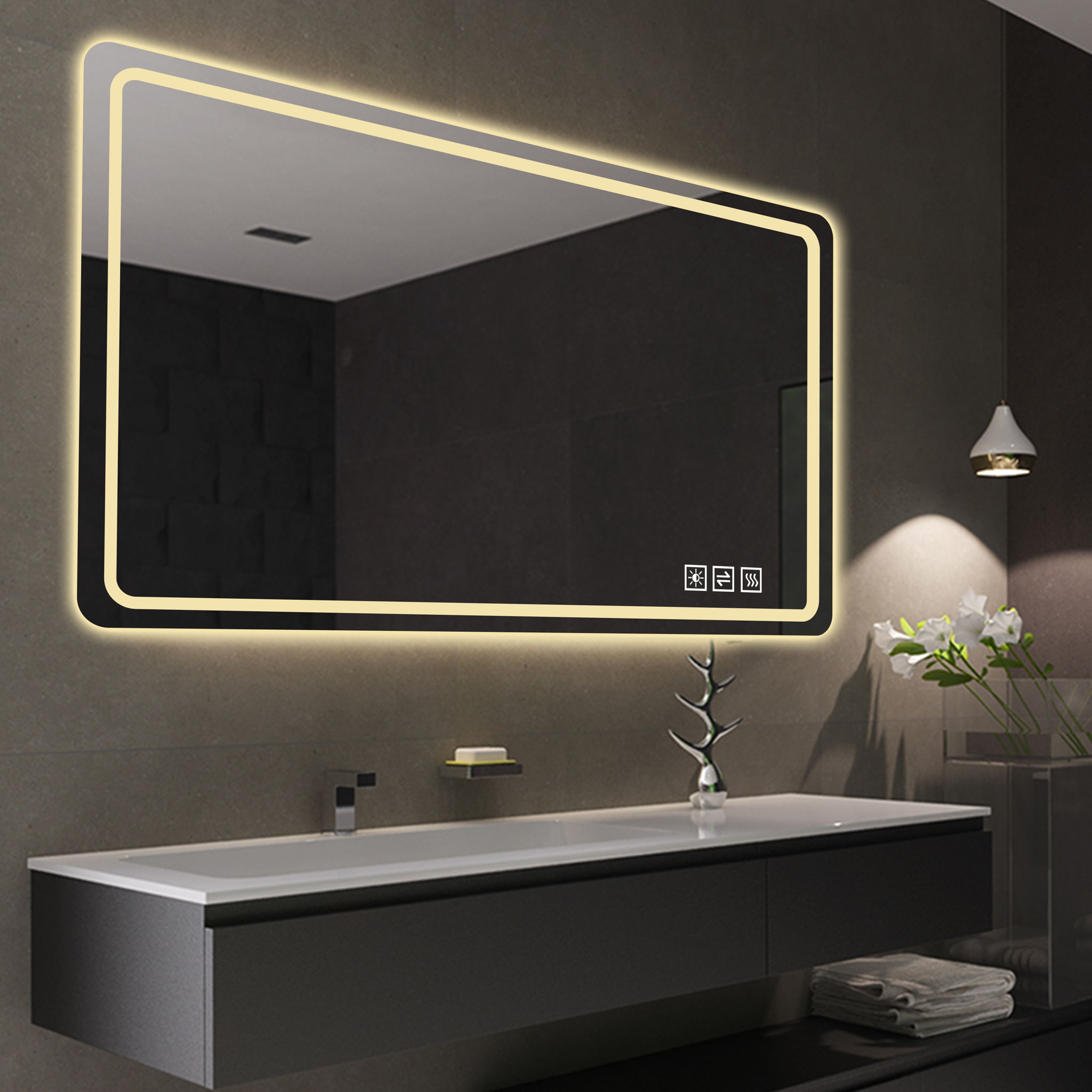 Frameless LED Bathroom Mirror Vanity With Anti Fog Front Lights - Silver