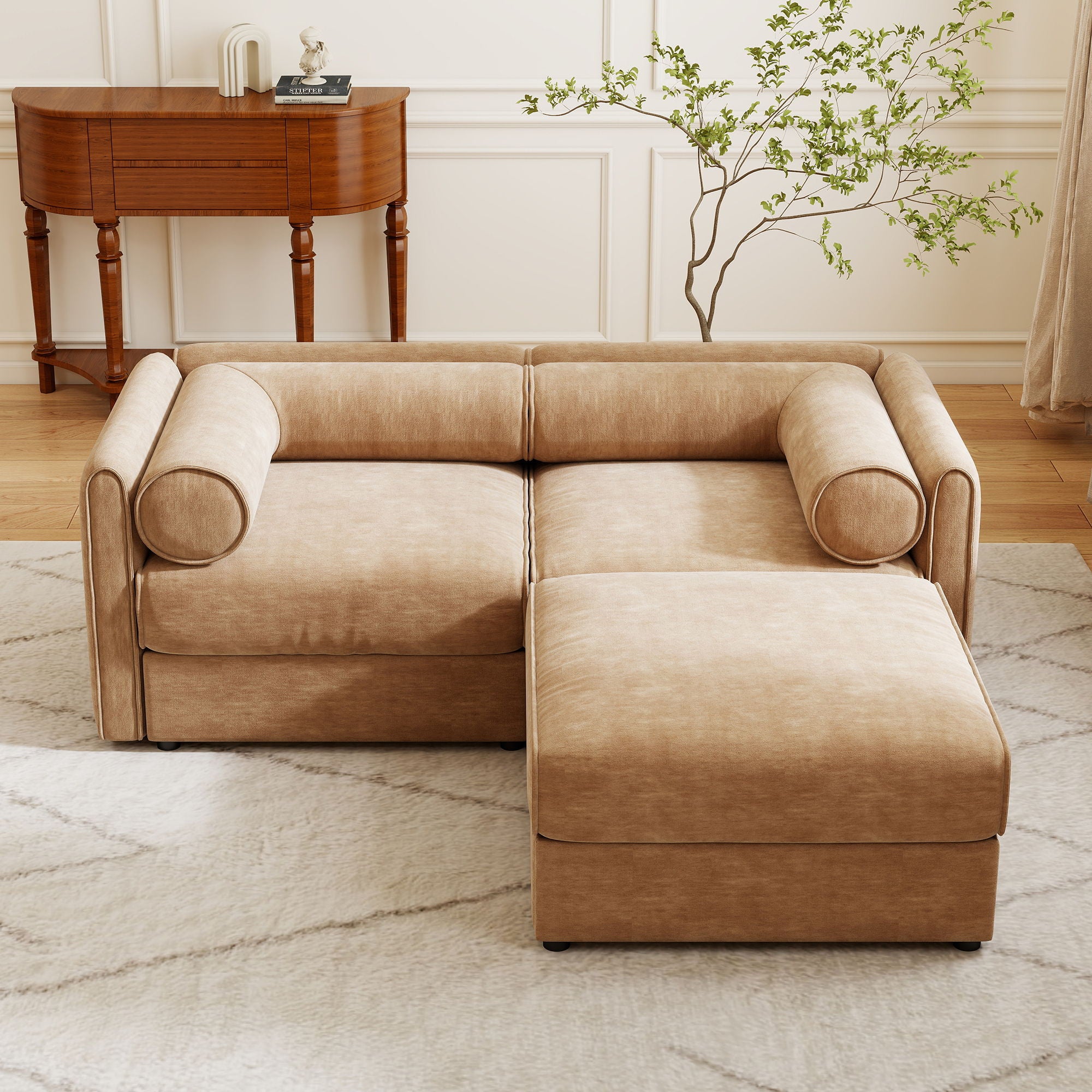 Contemporary Elegant White Chenille Sofa With Storage And Ottoman