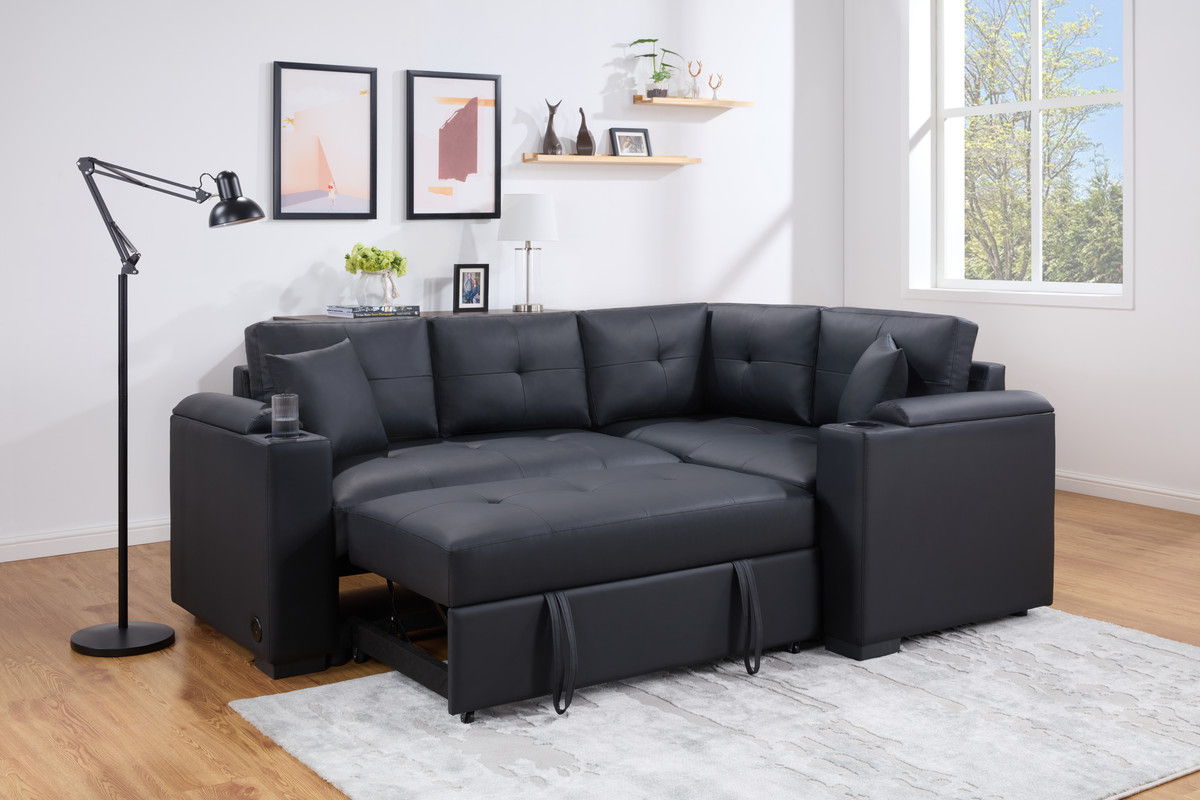 Donovan 84.5"W Black PVC Fabric Sleeper Sectional with USB Charger, Cupholders, Storage Arms