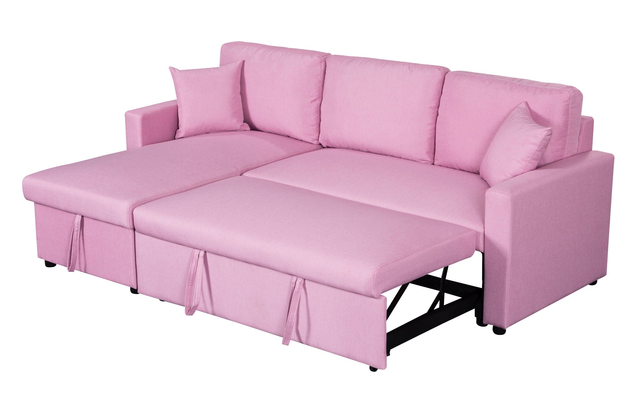 Paisley 82"W Pink Linen Fabric Reversible Sleeper Sectional Sofa with Storage Chaise