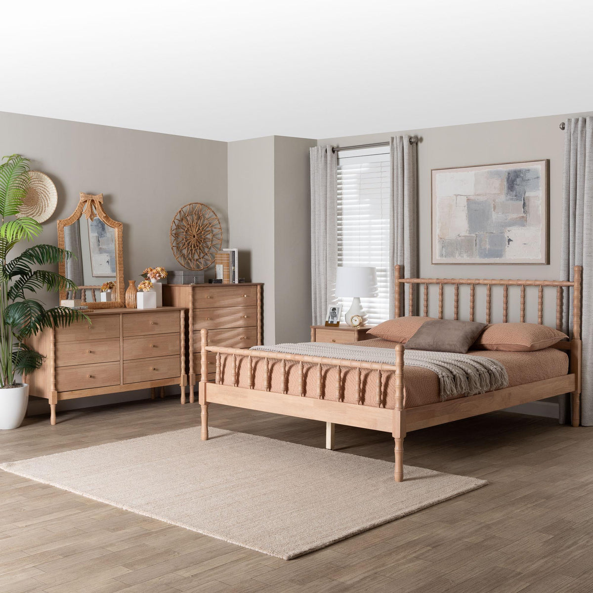 Laurent Bamboo-Style 4-Piece Bedroom Set - Spindle Platform Bed with Matching Dresser, Chest, and Nightstand, Cottage Farmhouse Style, Queen
