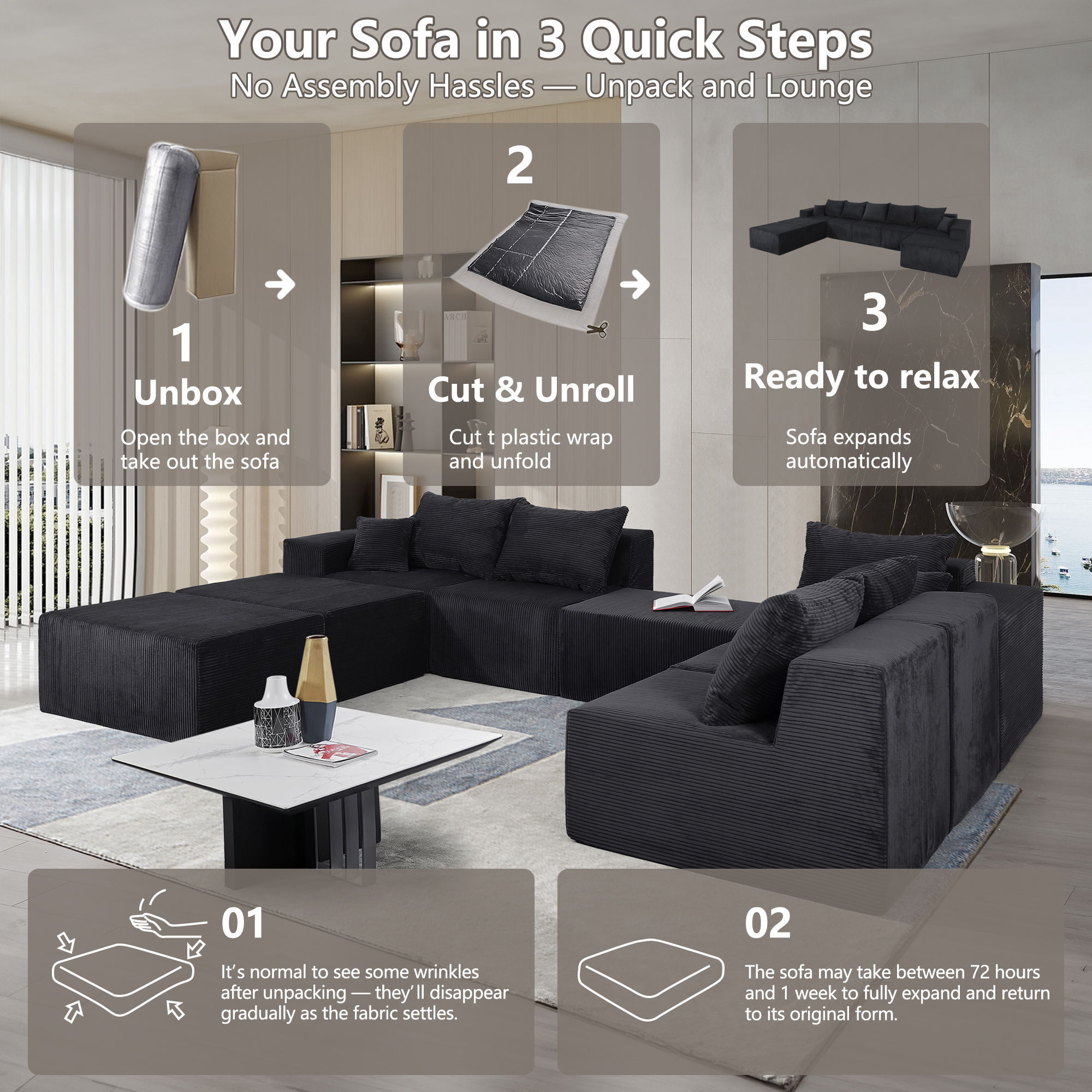 Luxury 8 Piece Modular U Shaped Sectional Sofa With Oversized Chaise Lounge And Bed Corduroy Upholstery