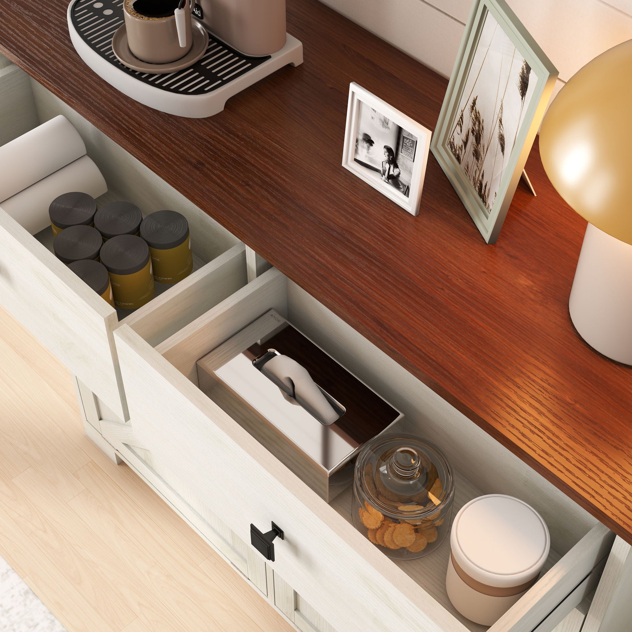 Double Tilt Out Trash Cabinet With Hideaway Drawer And Barn Door Style