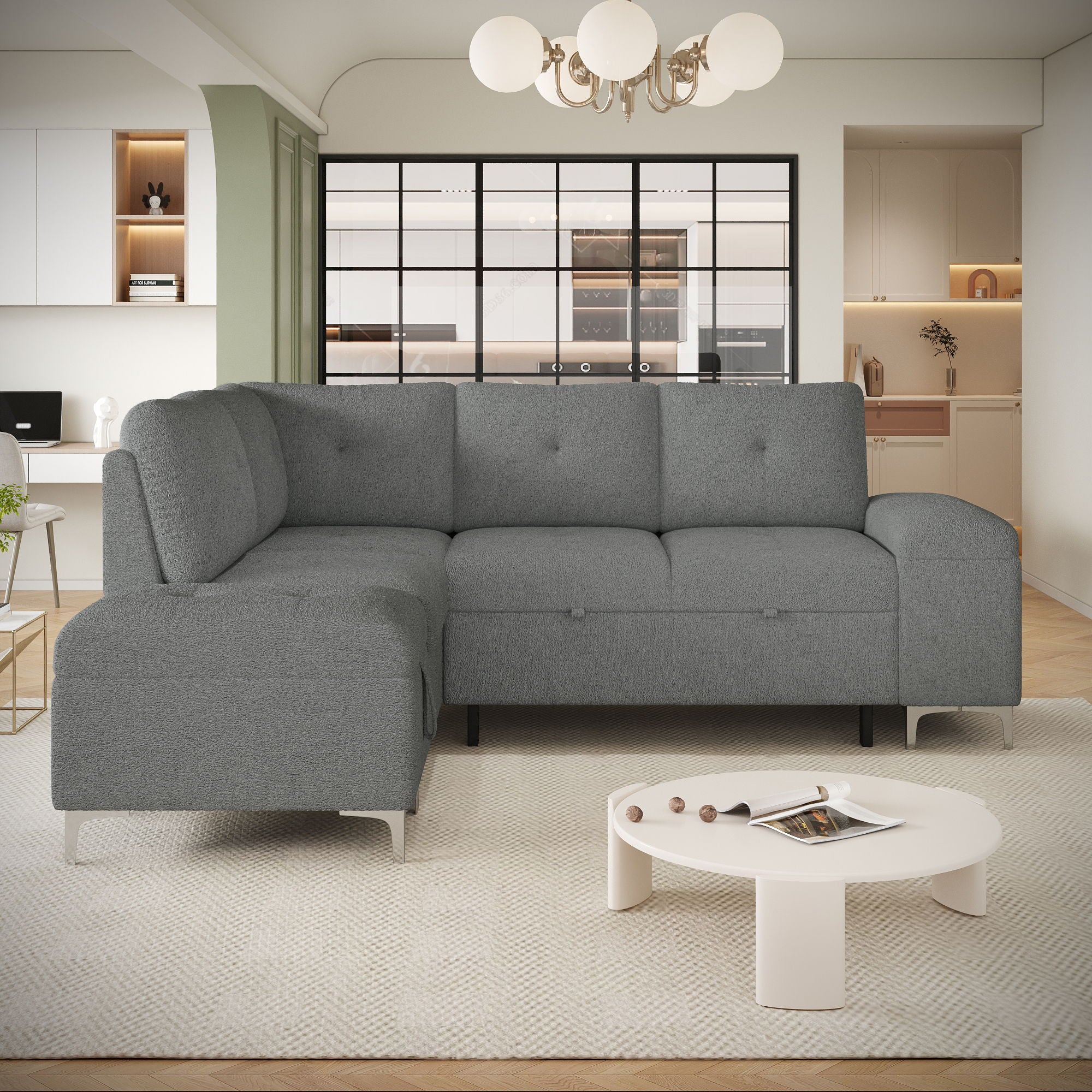 Versatile L Shaped Sofa Bed With Storage, Cup Holders, USB Ports Chenille