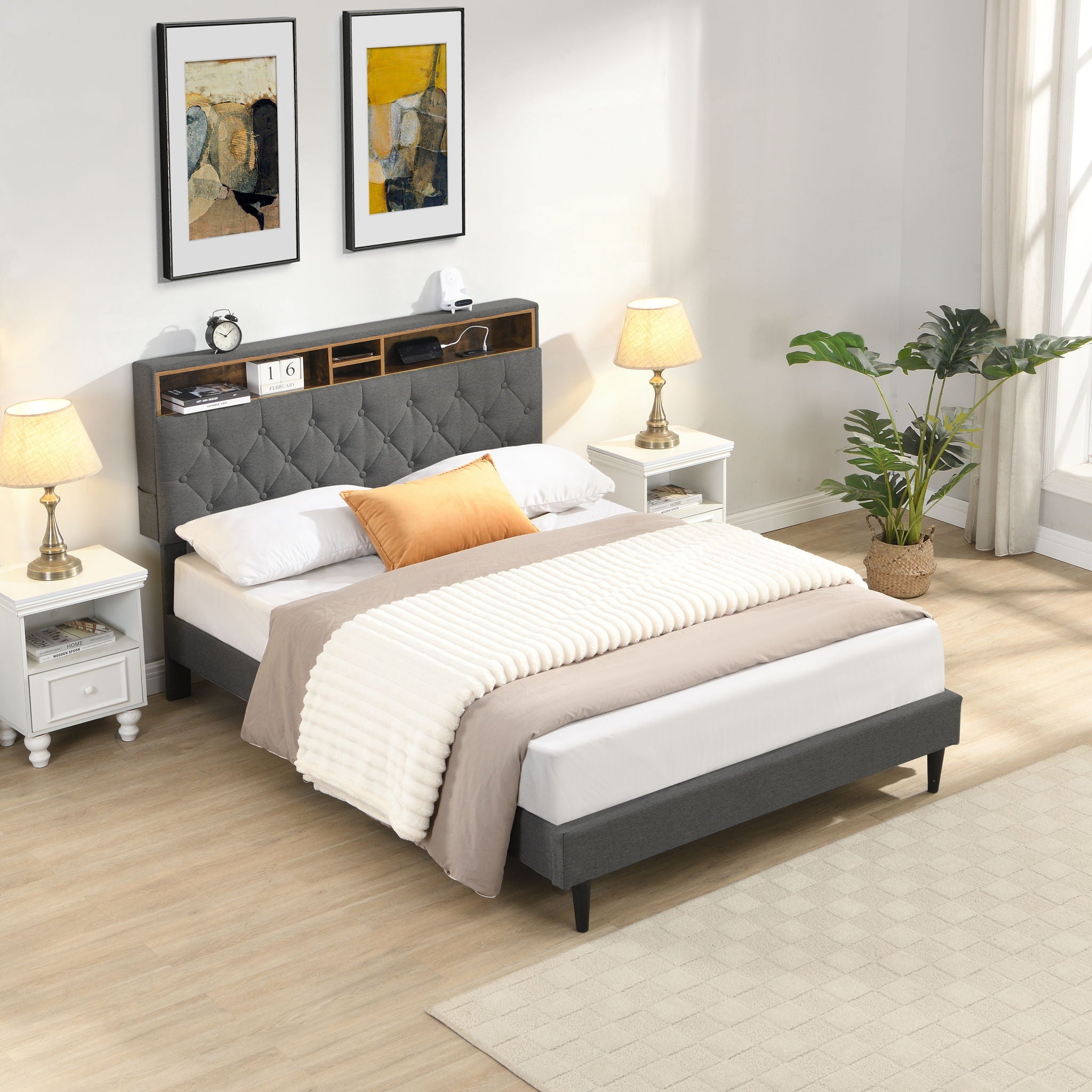 Modern Upholstered Platform Bed Frame With Button Tufted Headboard And USB Ports