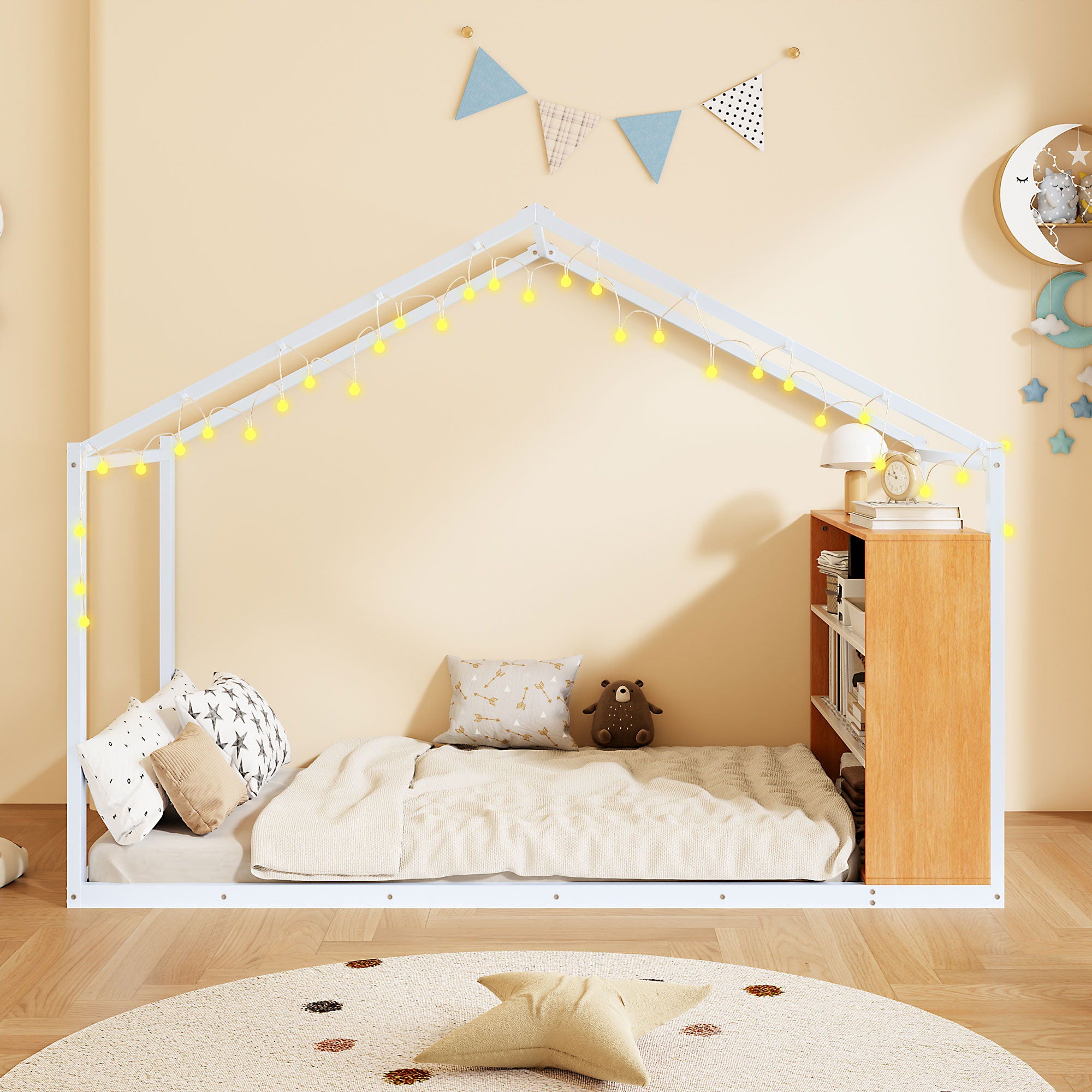 Bed House Frame With Shelves And Lights