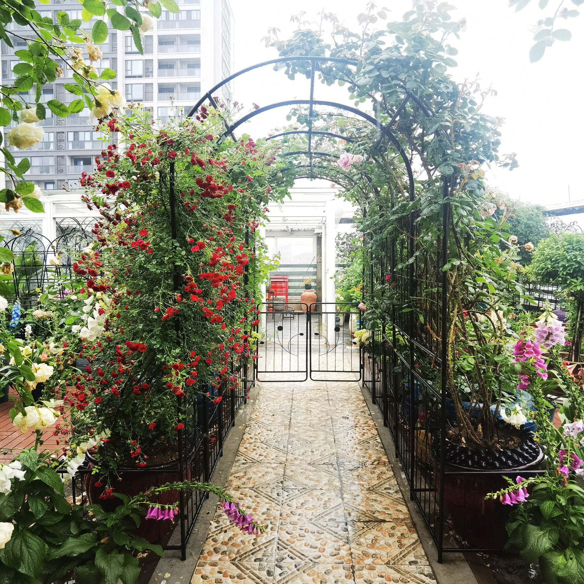 Metal Garden Arch With Two Plant Stands Wide High Climbing Plants Support Rose Arch Outdoor - Black