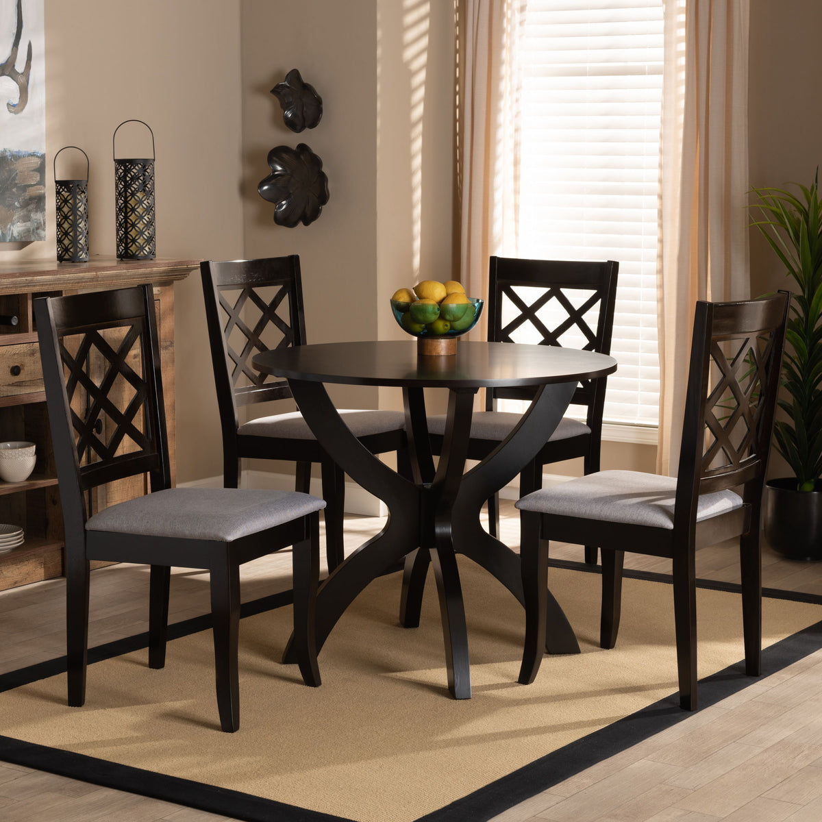 Savina Modern and Contemporary Grey Fabric Upholstered and Dark Brown Finished Wood 5-Piece Dining Set