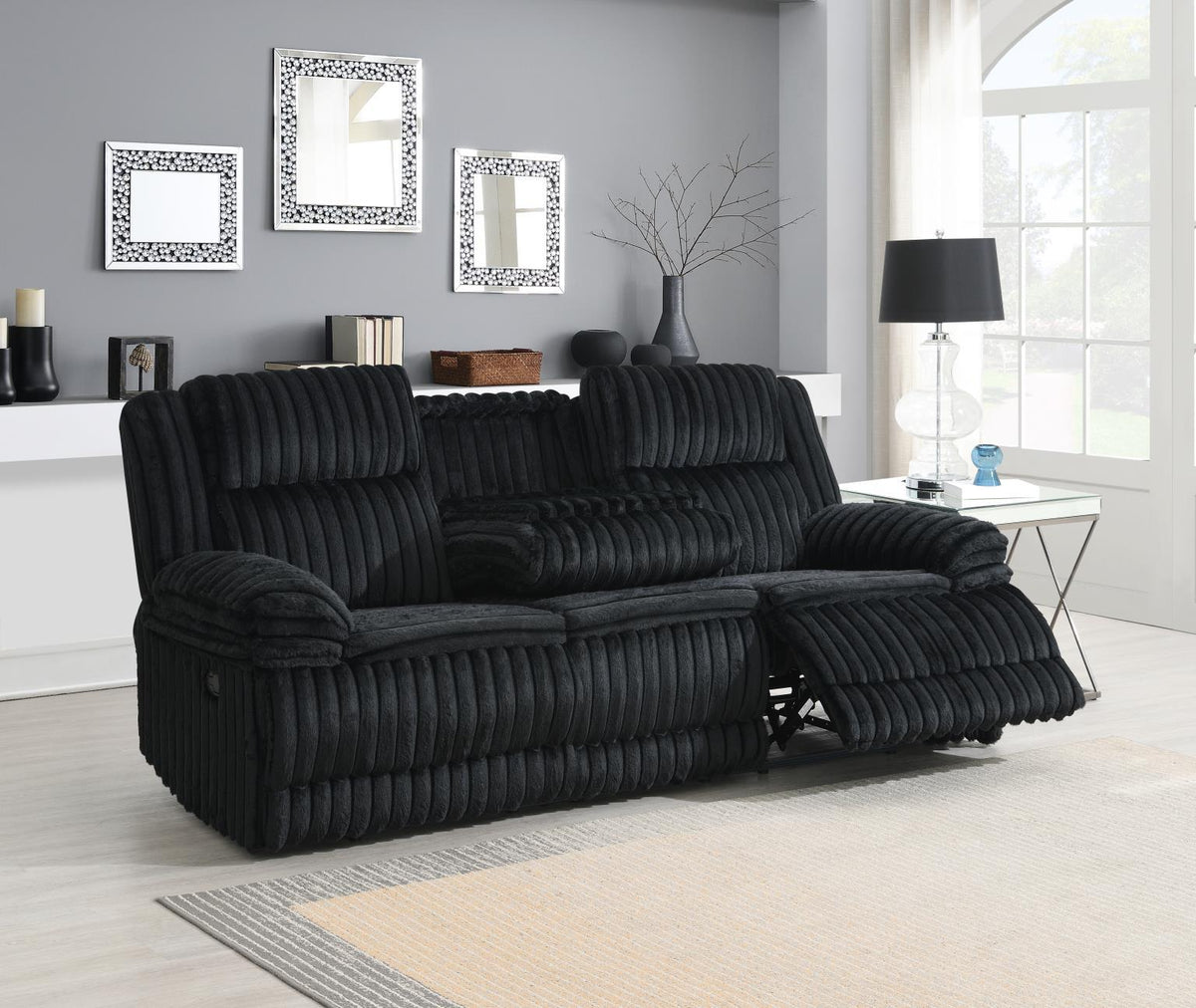 U112 - Corduroy Motion Sofa With Dropdown - Black