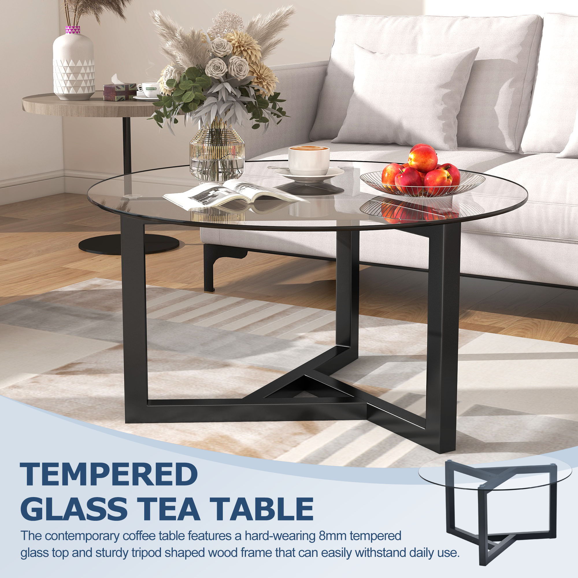 Round Glass Coffee Table Modern Cocktail Table