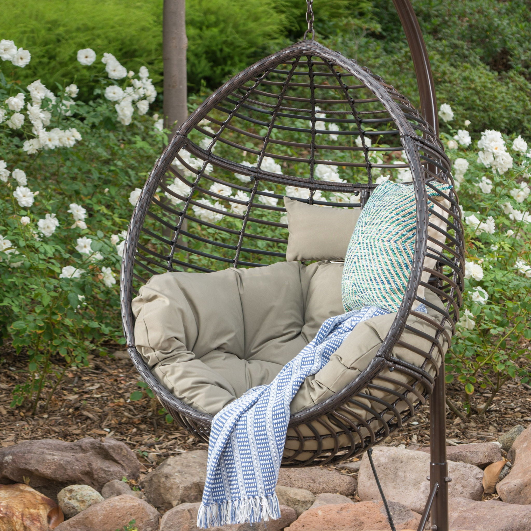 Hanging Basket Chair With Metal Frame And Seat Cushion