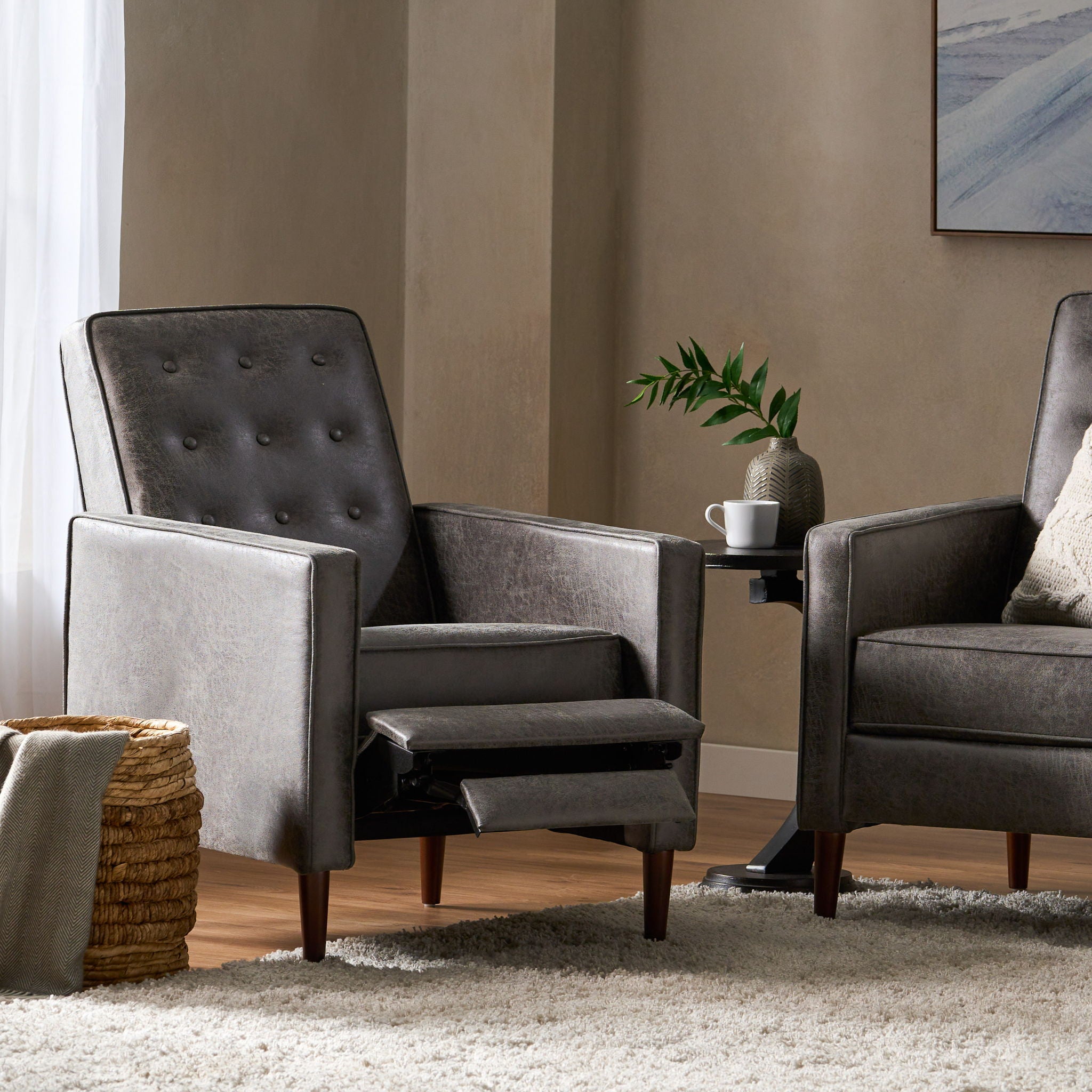 Macedonia - Mid Century Modern Button Tufted Fabric Recliner - Slate