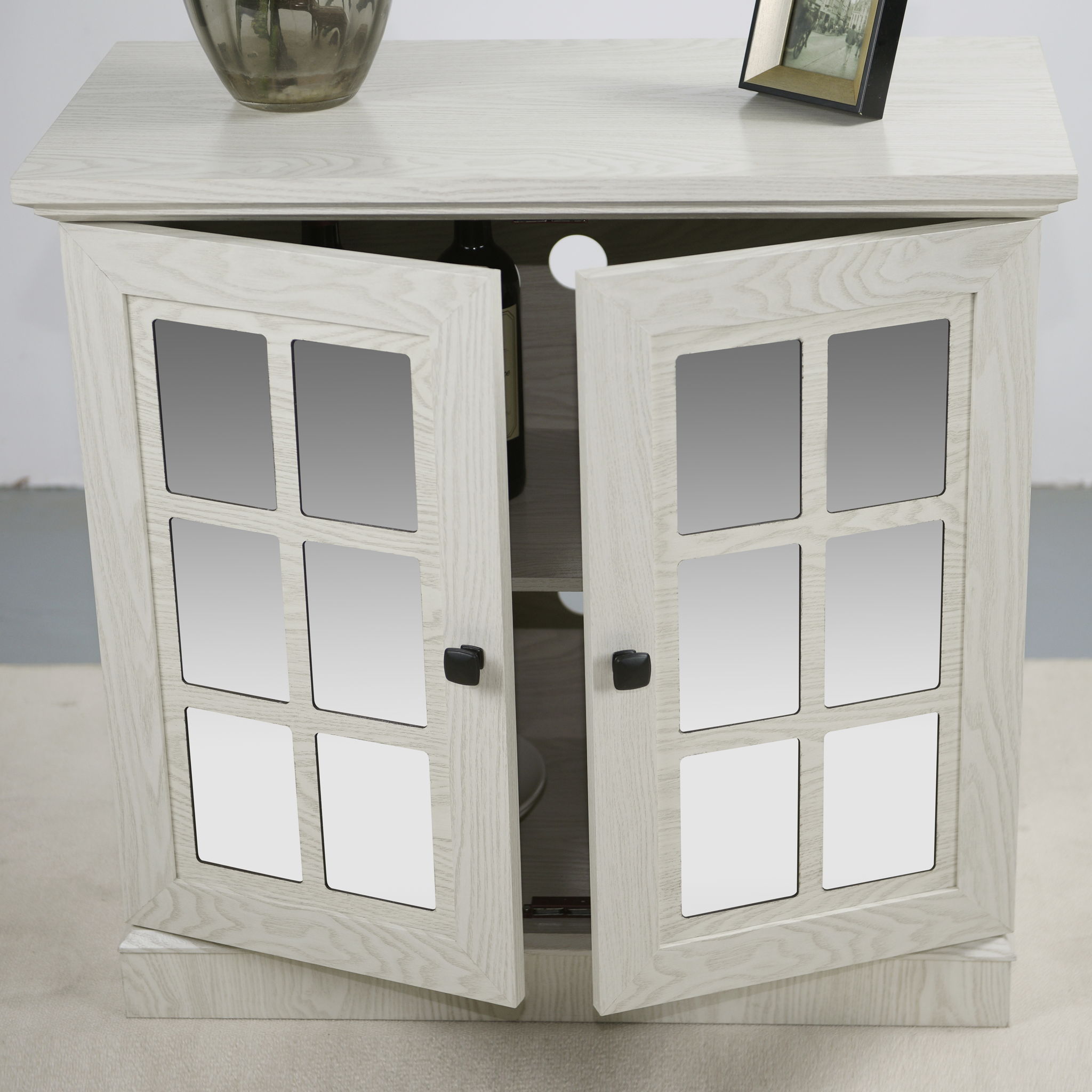 Sideboard Cabinet With Mirrored Doors, Adjustable Shelf, Metal Handles