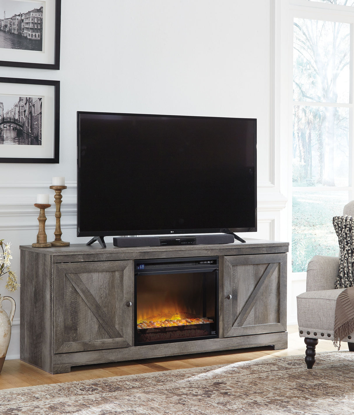 Wynnlow - Gray - 63" TV Stand With Glass/Stone Fireplace Insert