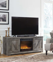 Wynnlow - 63" TV Stand With Glass/Stone Fireplace Insert - Gray