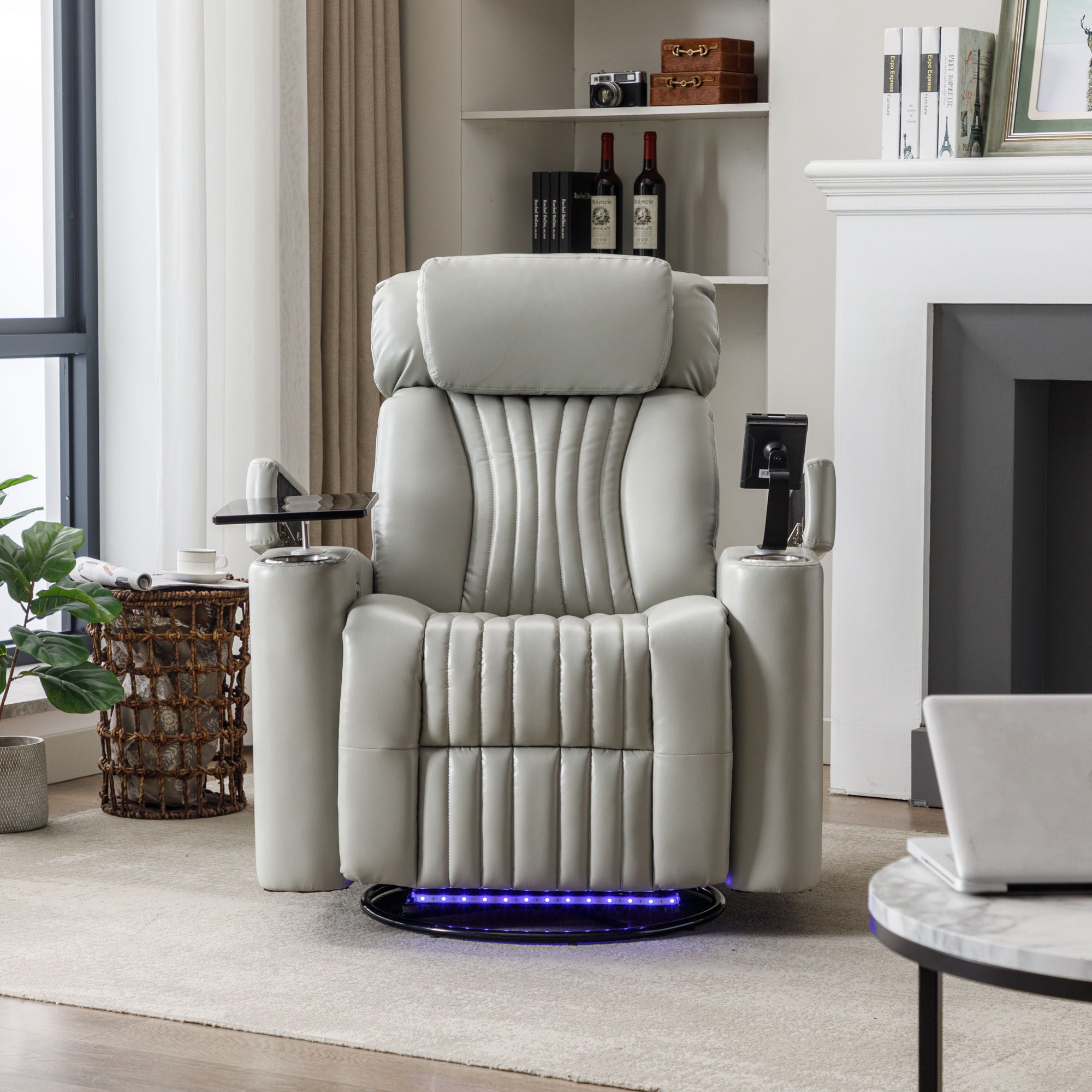 270° Power Swivel Recliner Home Theater Chair With Hidden Arm Storage, LED Light, Cup Holder, And Tray Table