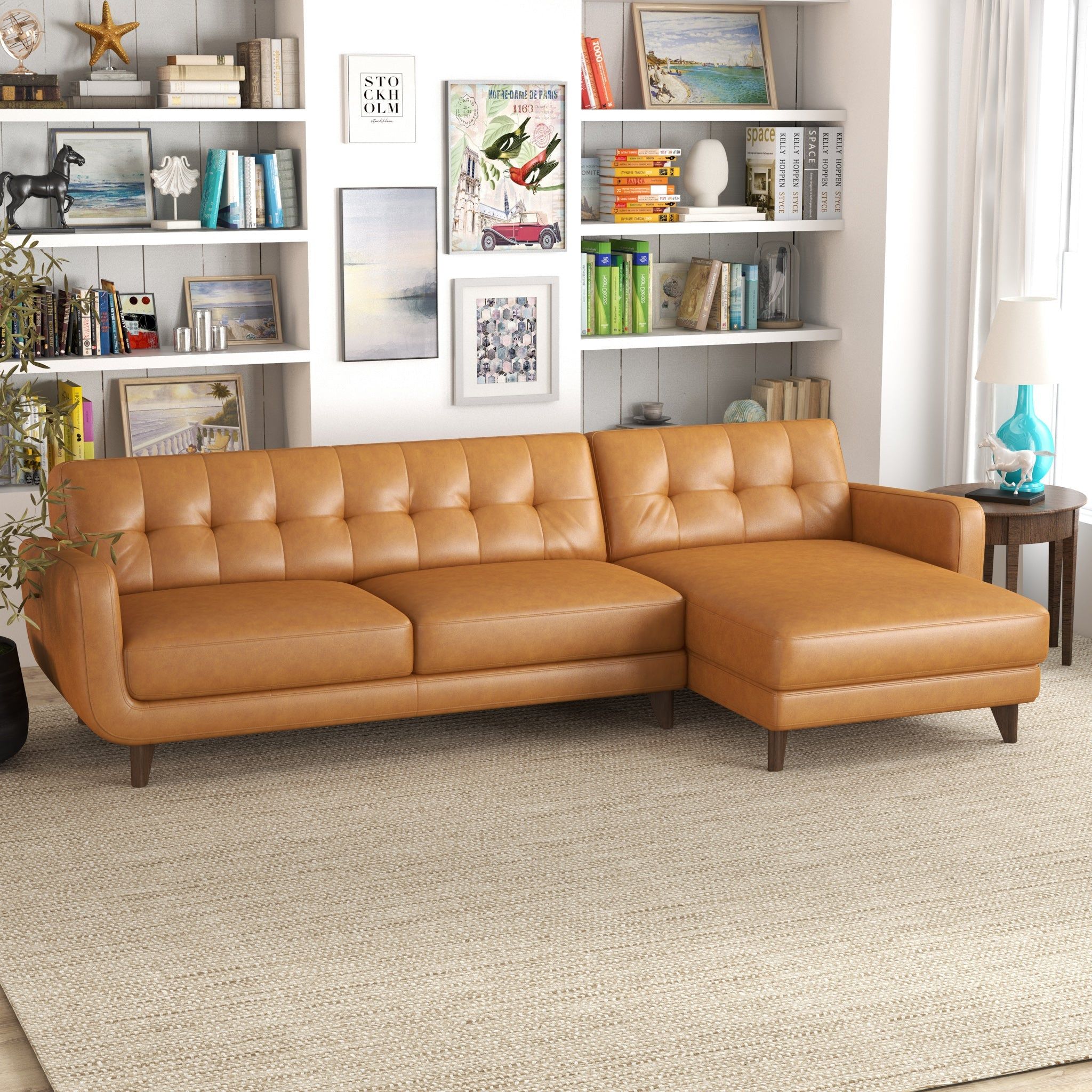 Allison - Mid-Century Modern Leather Sectional Sofa Chaise