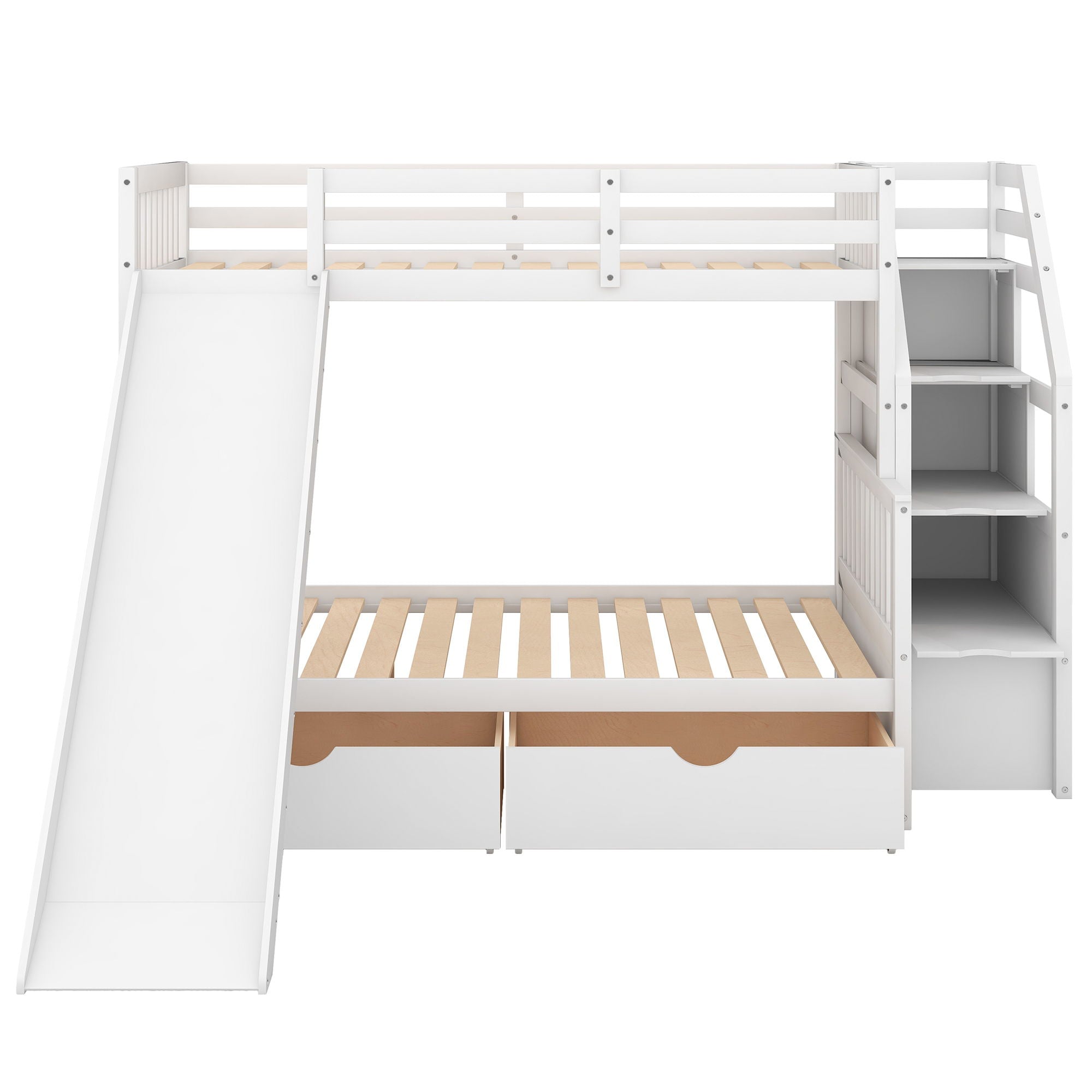 Bunk Bed With Storage Staircase, Slide, Desk, Drawers, And Shelves