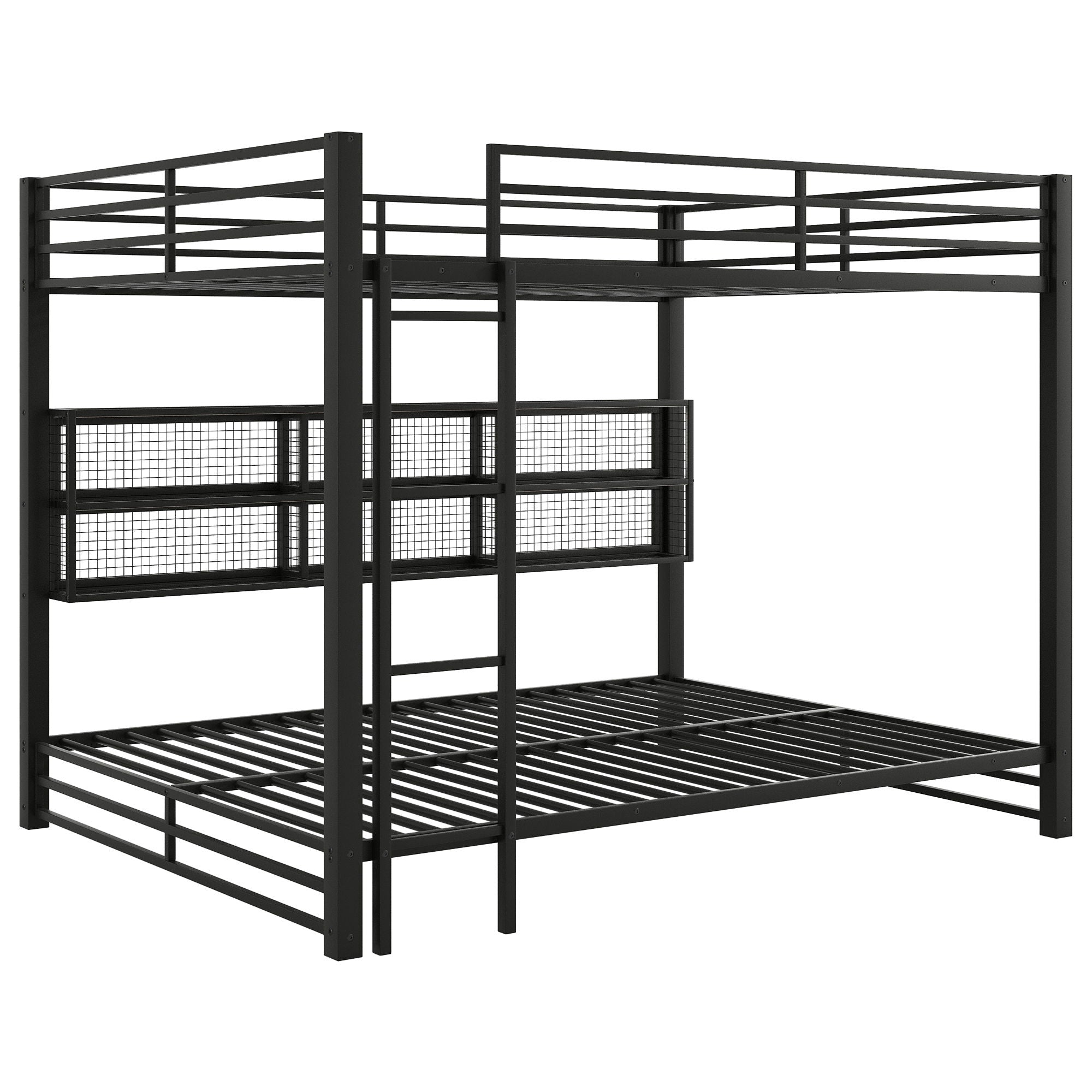 Queen Over Queen Bunk Bed With Storage Cabinets And LED Sturdy Frame, 6 Storage Units, Adjustable LED Lights - Black