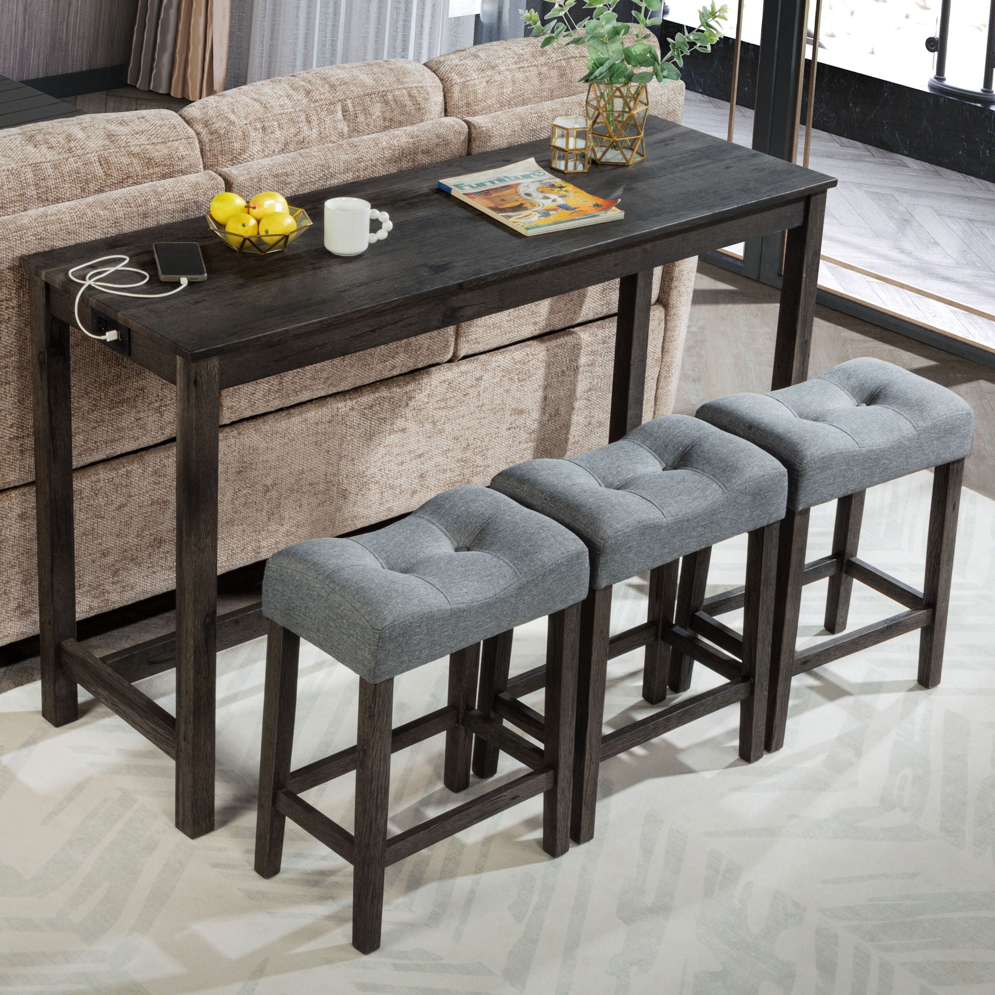 4 Piece Bar Table Set With Power Outlet, 3 Padded Stools