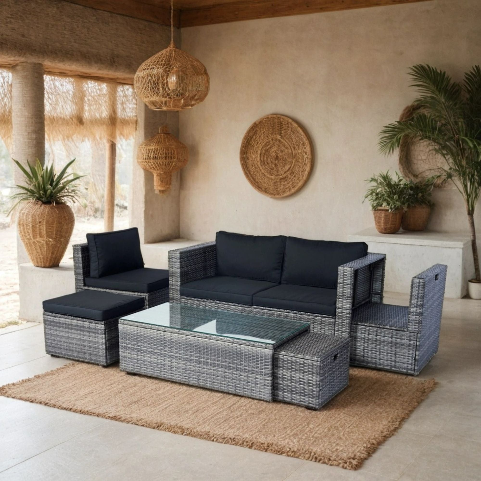 6 Piece Patio Wicker Sectional Set Patio Backyard Conversation Set Space Saving - Gray / Black