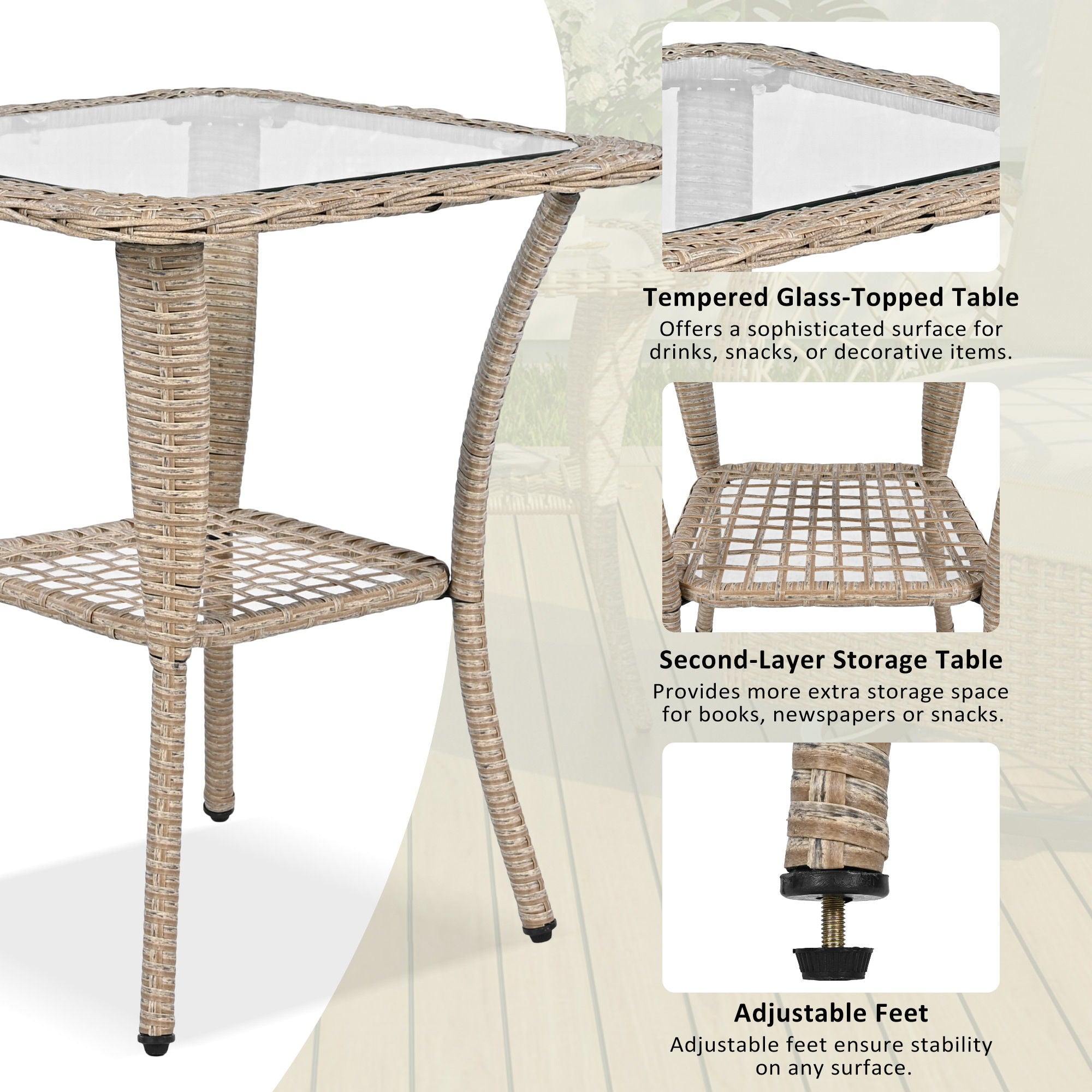 3 Piece Outdoor Chair & Table Set Chat Set, 2 Person Rattan Seating Group