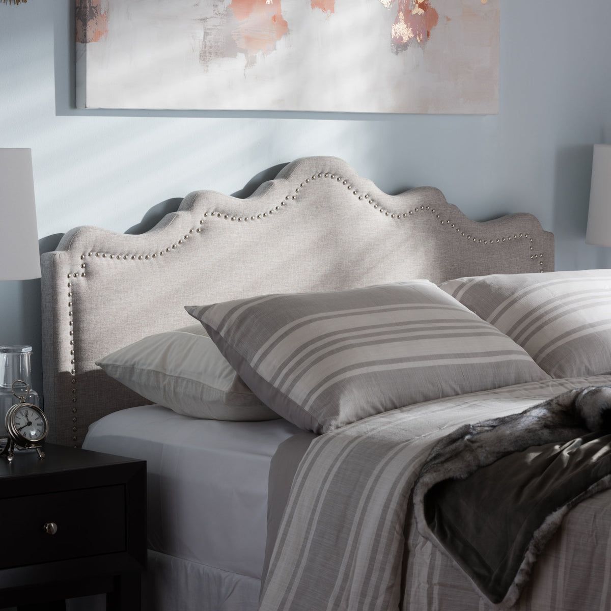 Nadeen Modern and Contemporary Greyish Beige Fabric King Size Headboard