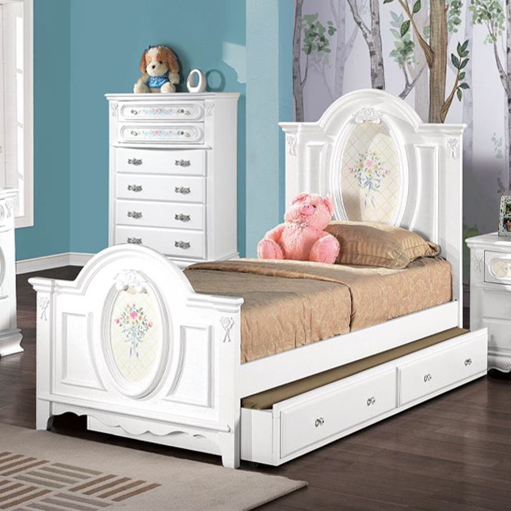 ACME Box Spring Required Panel Bed: Arched Headboard/Footboard Oval Rope Molding with floral motif decals Flora Collection: Poster Panel Beds Optional Trundle sold Separately | Meri Furniture