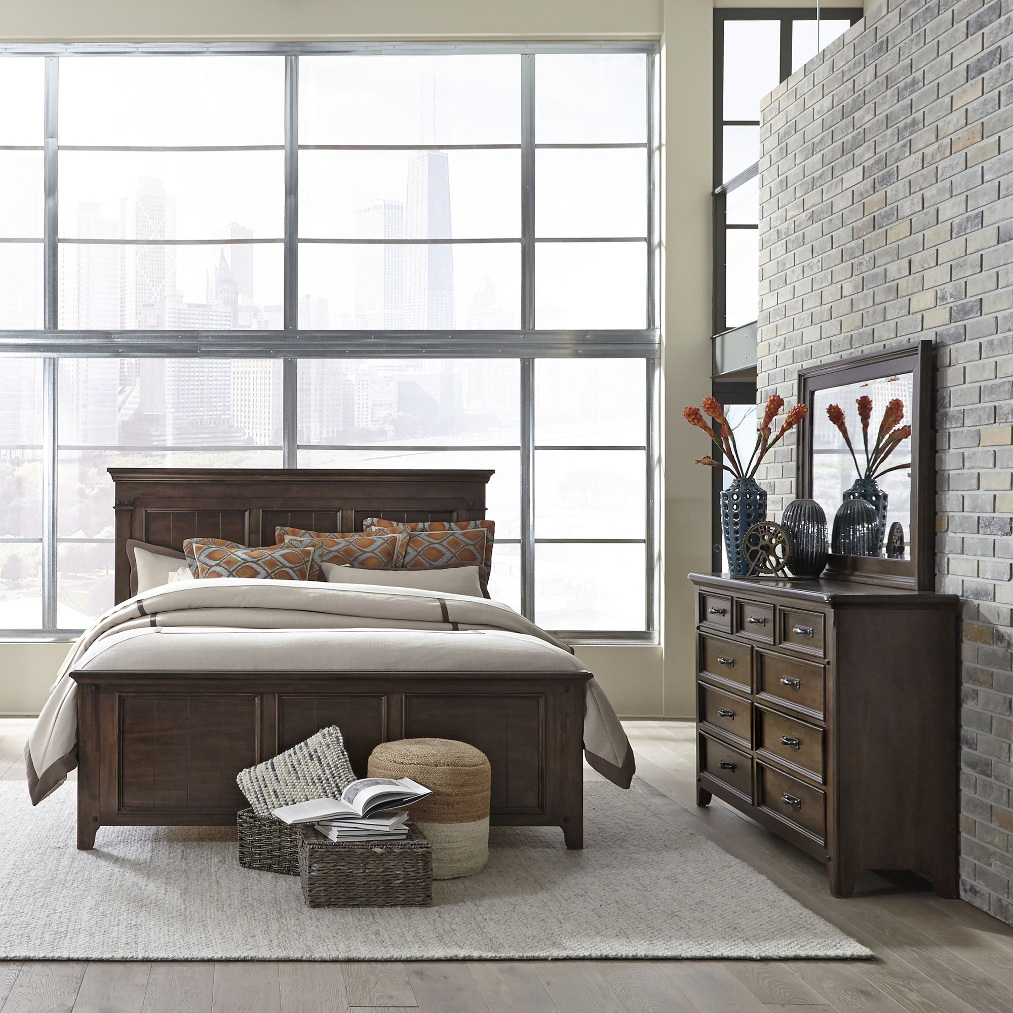 Liberty Furniture Saddlebrook - Panel Bed, Dresser & Mirror | Meri Furniture