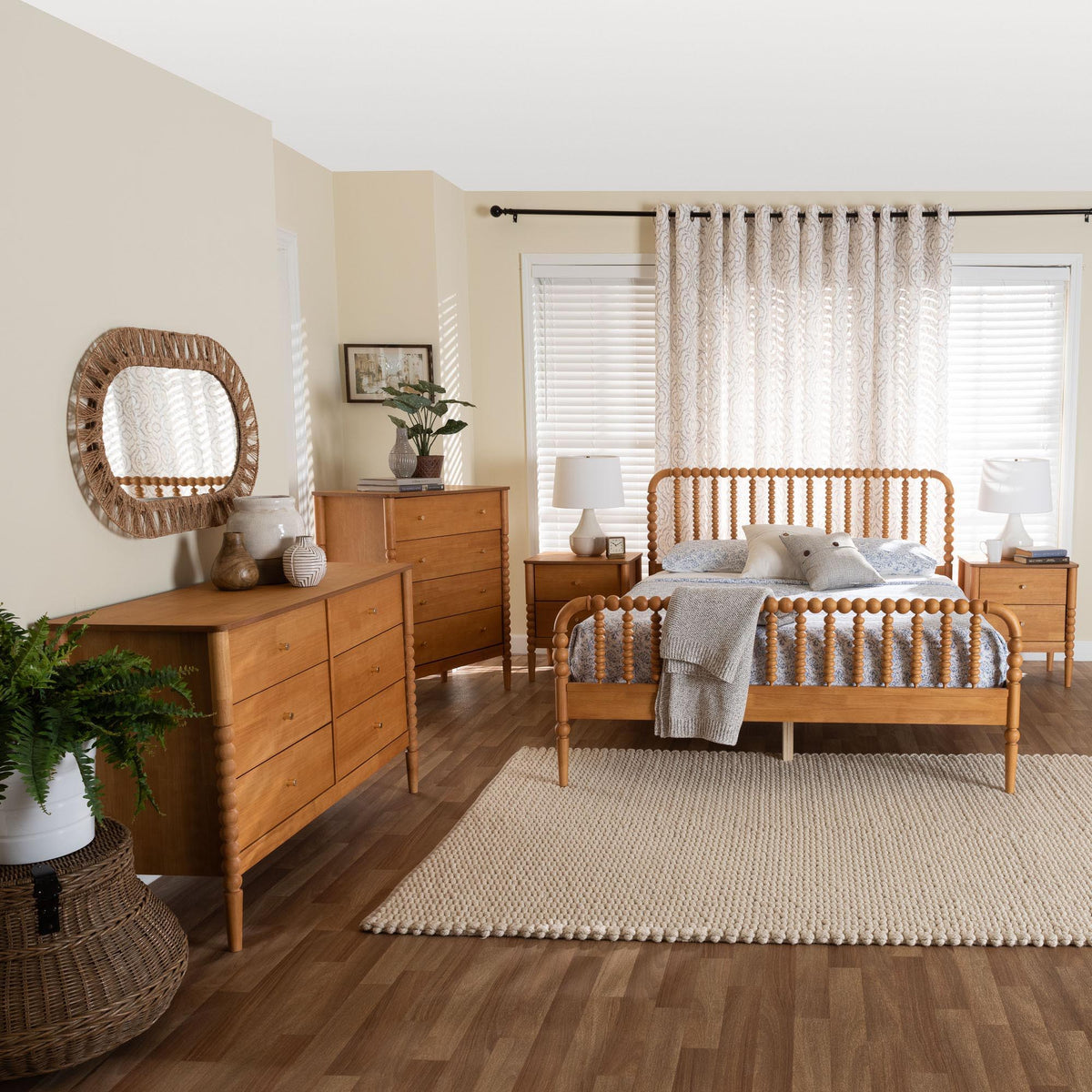 Lucera Mid-Century Oak Brown Queen Size 5-Piece Bobbin Bedroom Set