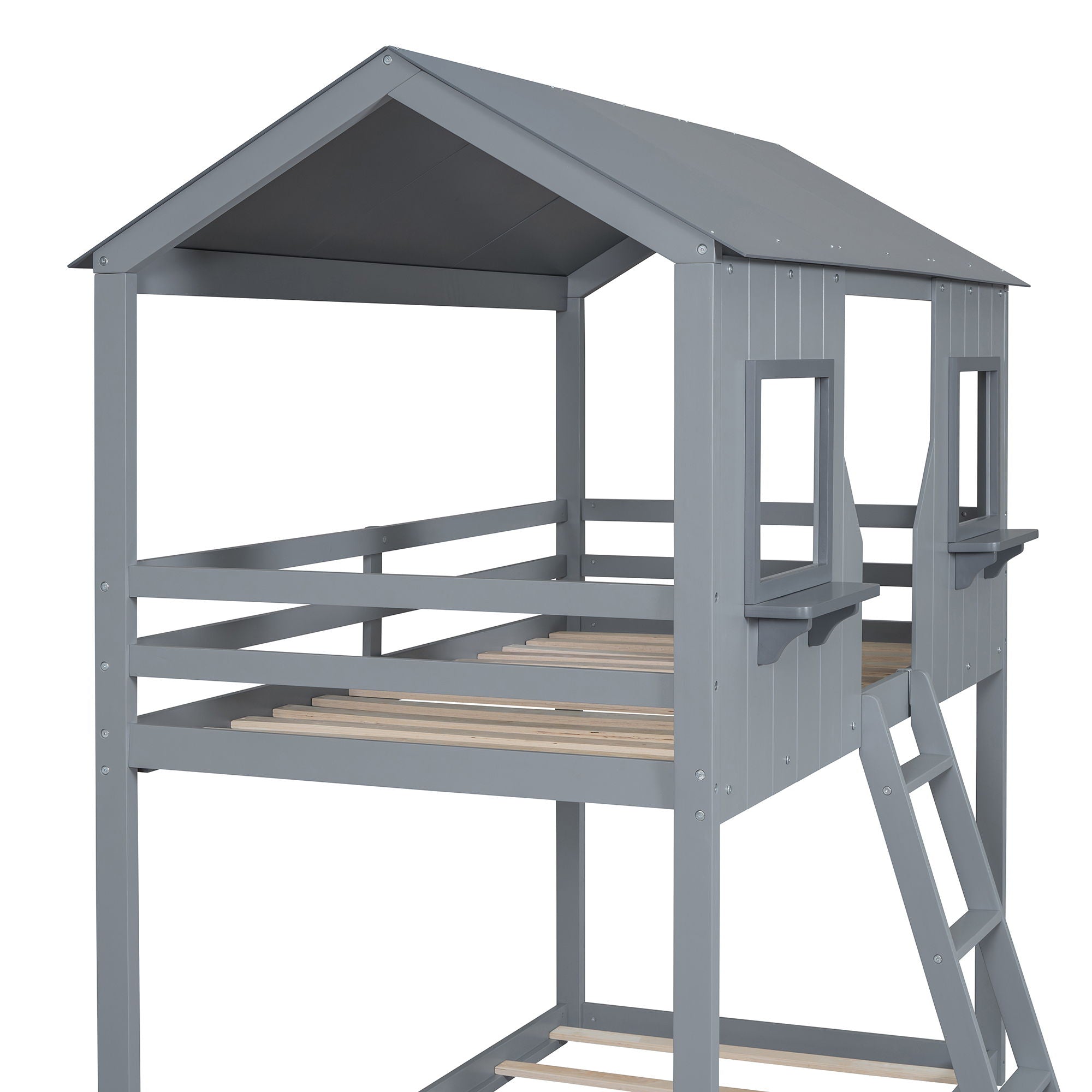 Twin Over Twin Bunk Bed With Roof, Window, Guardrail, Ladder