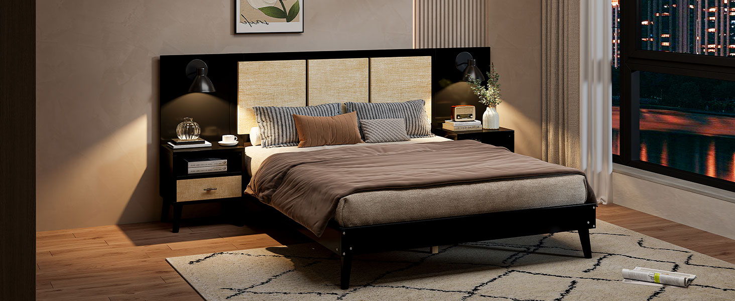 Bed Frame With 2 Nightstands Elegant Design With Lamps