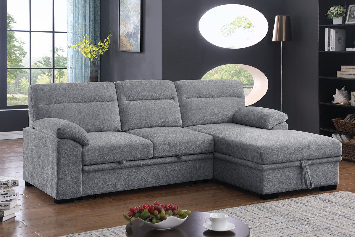 Kipling II 94"W Light Gray Chenille Fabric Sleeper Sectional Sofa with Right-Facing Chaise, Cupholders, USB Charging port