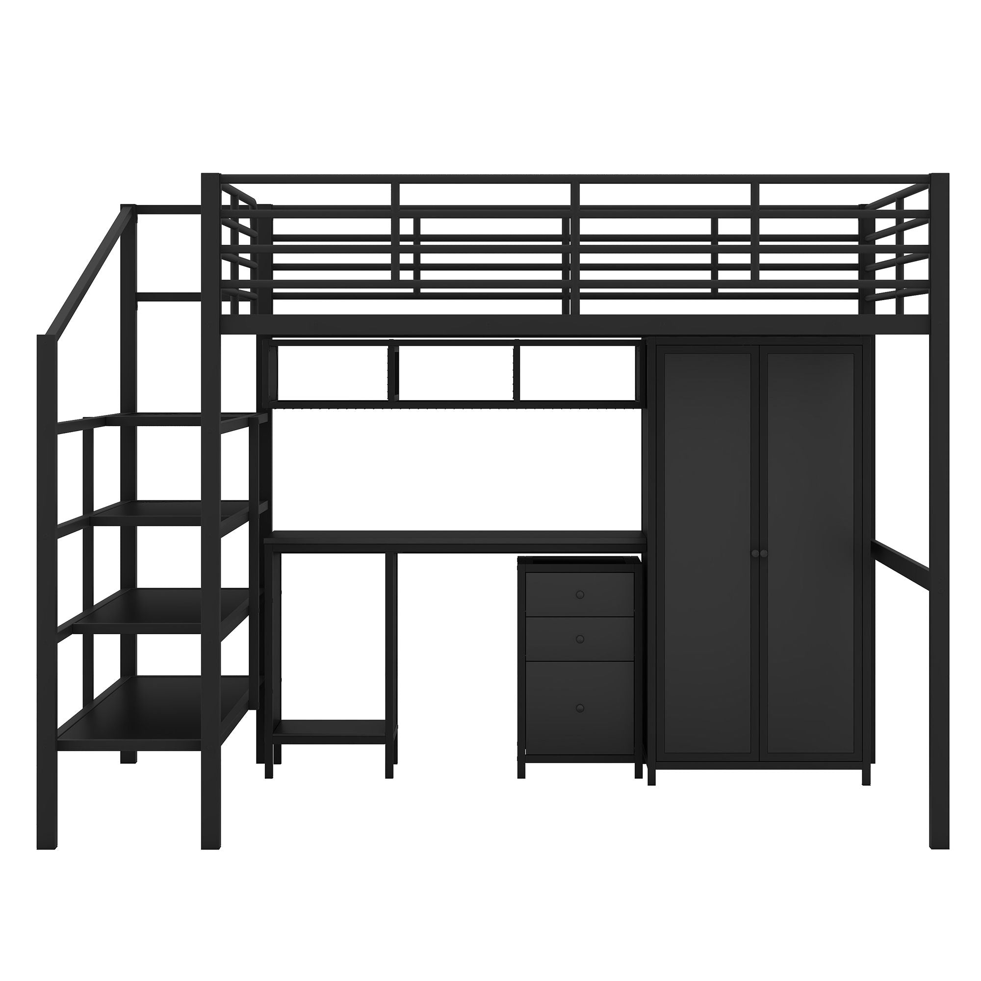 Full Size Loft Bed With Desk Set And Wardrobe - Black