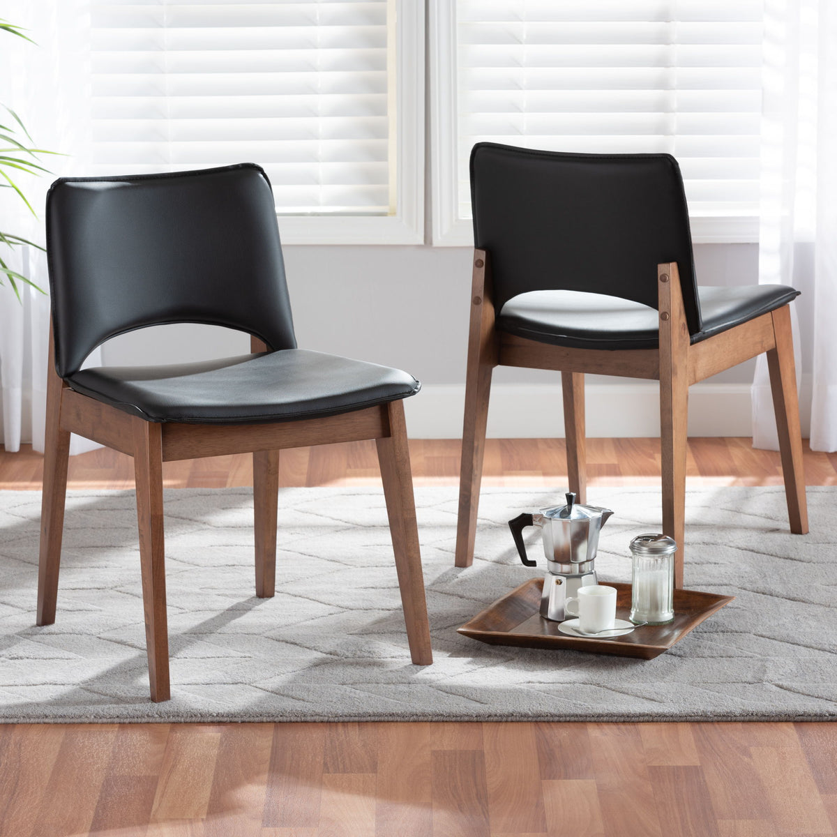 Afton Mid-Century Modern Black Faux Leather Upholstered and Walnut Brown Finished Wood 2-Piece Dining Chair Set