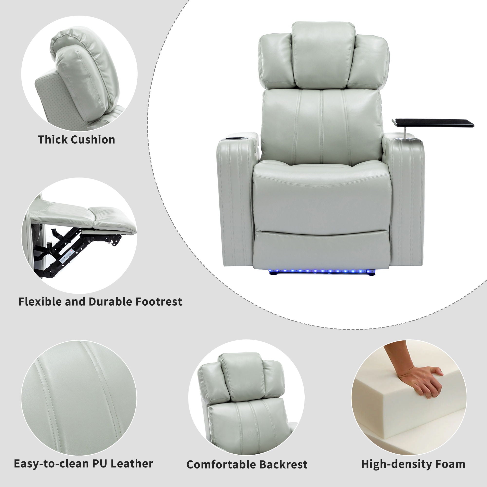 Power Recliner Theater Chair With Cooling Cup Holder, Bluetooth Speaker, LED Lights, USB Ports