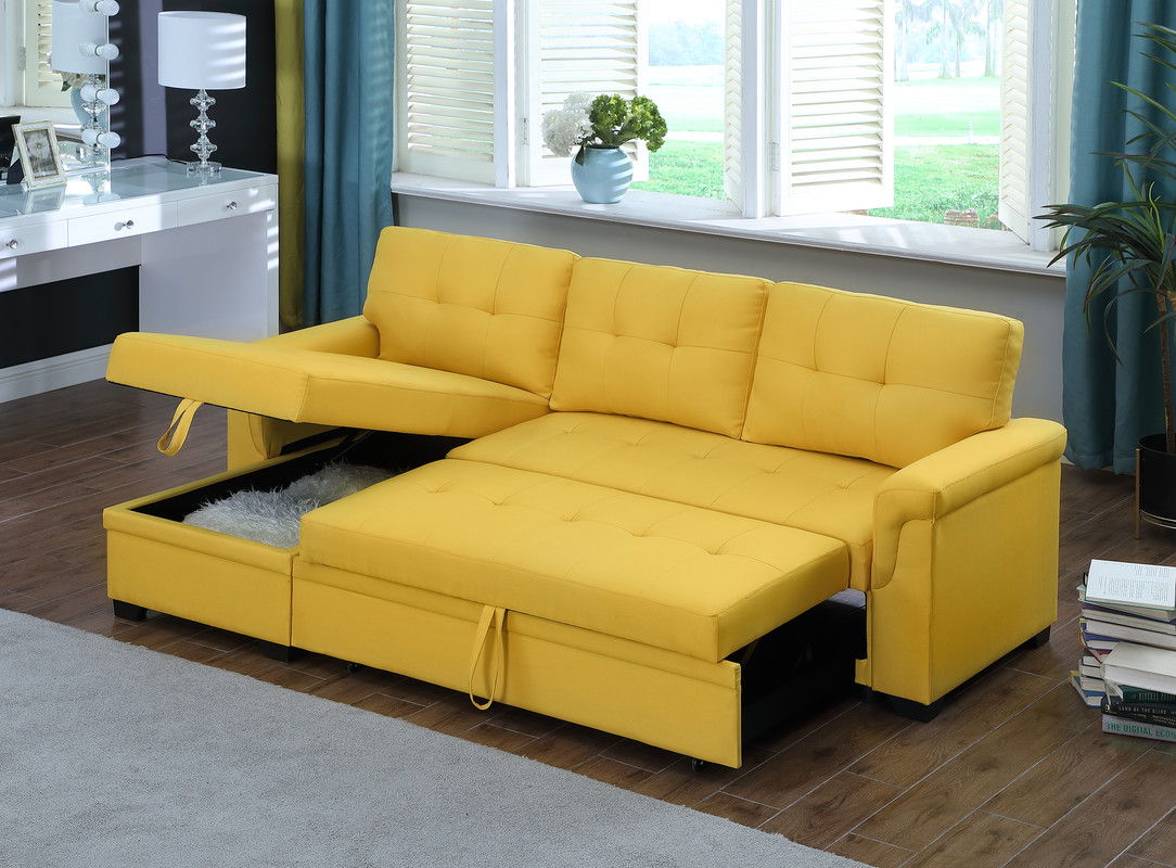 Lucca 84"W Yellow Linen Reversible Sleeper Sectional Sofa with Storage Chaise