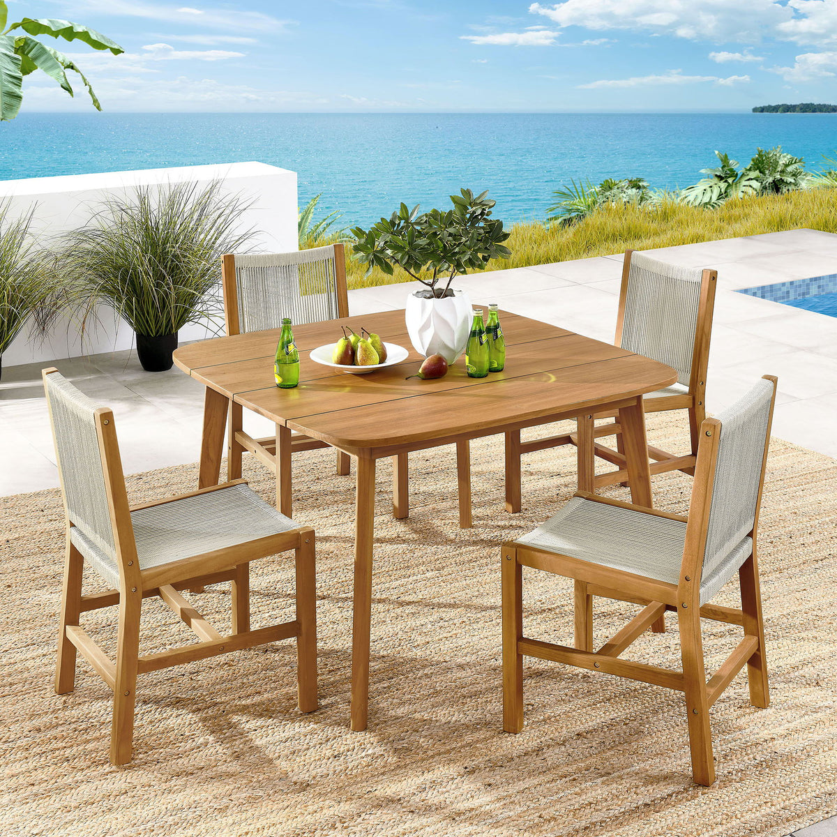 Vienna 5-Piece Outdoor Patio Teak and Rope Dining Set with Armless Chairs by Modway